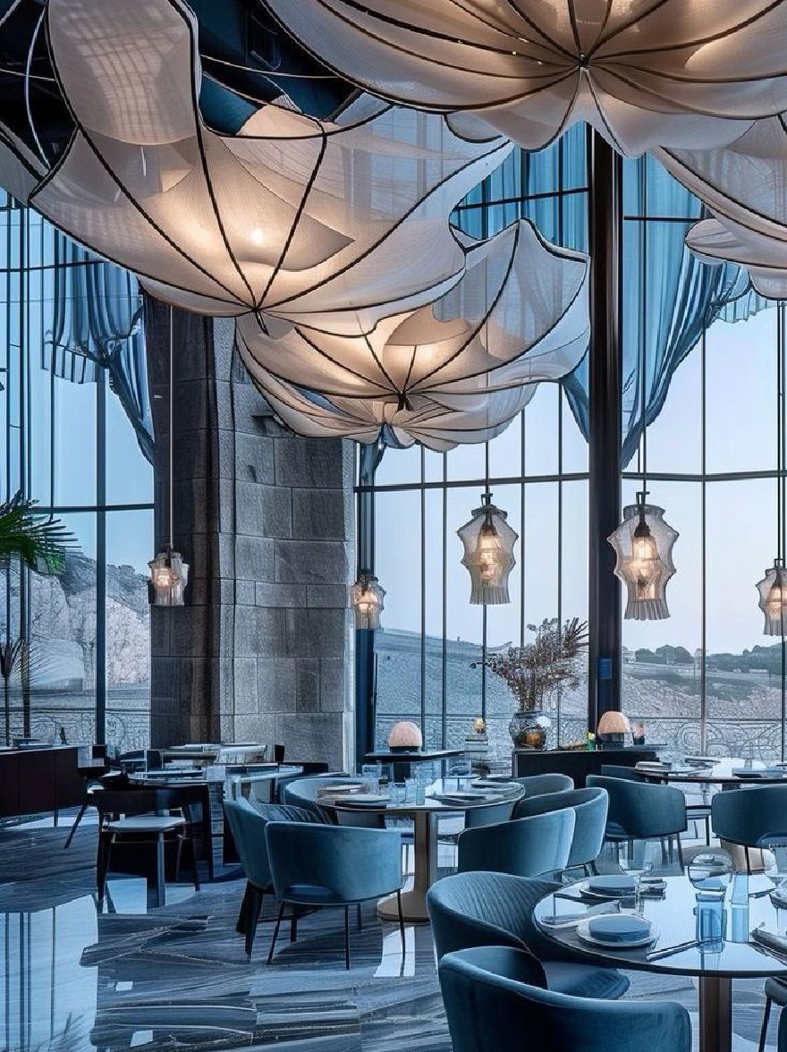 Русский промпт: Потрясающий рендеринг роскошной столовой с современным, изысканным дизайном. В номере есть большие изогнутые стеклянные окна, которые предлагают панорамный вид на горизонт города. Стены сделаны из камня, а пол сделан из мрамора. На потолке висят большие, полупрозрачные, белые бумажные фонари с замысловатыми дизайнами, добавляя оттенка элегантности в пространство. Стулья обитаются в темно -синей ткани, и есть несколько круглых столов с тарелками, очками и столовыми приборами, аккуратно расположенными вокруг них. Освещение мягкое и теплое, создавая уютную атмосферу. Общий дизайн элегантный и сложный, с акцентом на роскошь и изысканности. Изображение высококачественное и имеет водяной знак в правом нижнем углу. | Original prompt: A stunning rendering of a luxurious dining room with a modern, sophisticated design. The room features large, curved glass windows that offer a panoramic view of the city skyline. The walls are made of stone, and the floor is made of marble. Hanging from the ceiling are large, translucent, white paper lanterns with intricate designs, adding a touch of elegance to the space. The chairs are upholstered in a deep blue fabric, and there are several round tables with plates, glasses, and cutlery arranged neatly around them. The lighting is soft and warm, creating a cozy atmosphere. The overall design is elegant and sophisticated, with a focus on luxury and sophistication. The image is high quality and has a watermark in the bottom right corner.