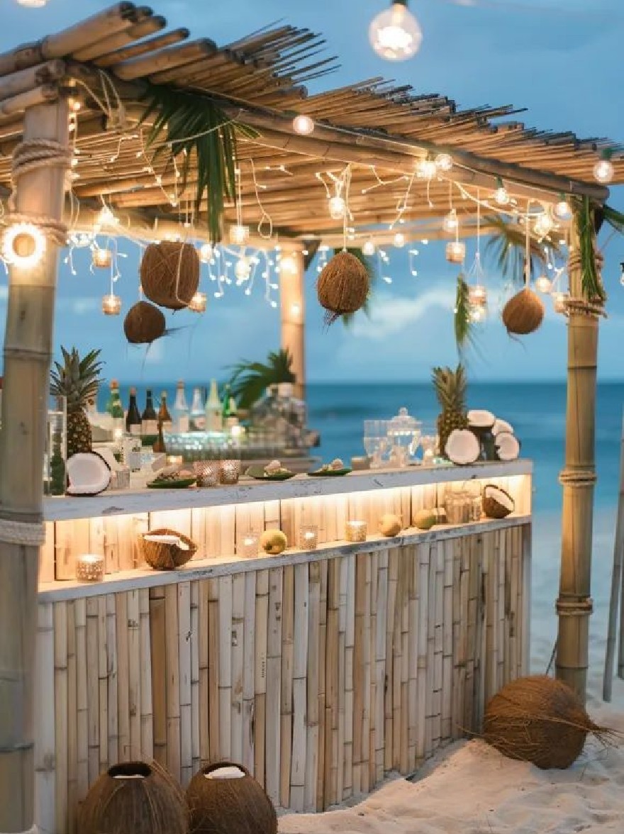 Русский промпт: Тропический пляжный бар, украшенный струнными огнями и кокосами, расположен на песчаном пляже в сумерках. Бар сделан из бамбука и имеет деревенский, тропический вид. Освещение тепло и привлекательно, создавая уютную атмосферу. На баре есть бутылки с спиртом, очками и различные тропические фрукты, такие как ананасы и кокосовые раковины. На фоне есть красивый синий океан и чистое небо с пушистыми белыми облаками. Сцена идеально подходит для летней вечеринки, приглашая гостей расслабиться и насладиться праздниками. | Original prompt: A tropical beach bar decorated with string lights and coconuts, set up on a sandy beach at dusk. The bar is made of bamboo and has a rustic, tropical feel. The lighting is warm and inviting, creating a cozy atmosphere. On the bar, there are bottles of alcohol, glasses, and various tropical fruits, such as pineapples and coconut shells. The backdrop features a beautiful blue ocean and a clear sky with fluffy white clouds. The scene is perfect for a summer party, inviting guests to relax and enjoy the festivities.