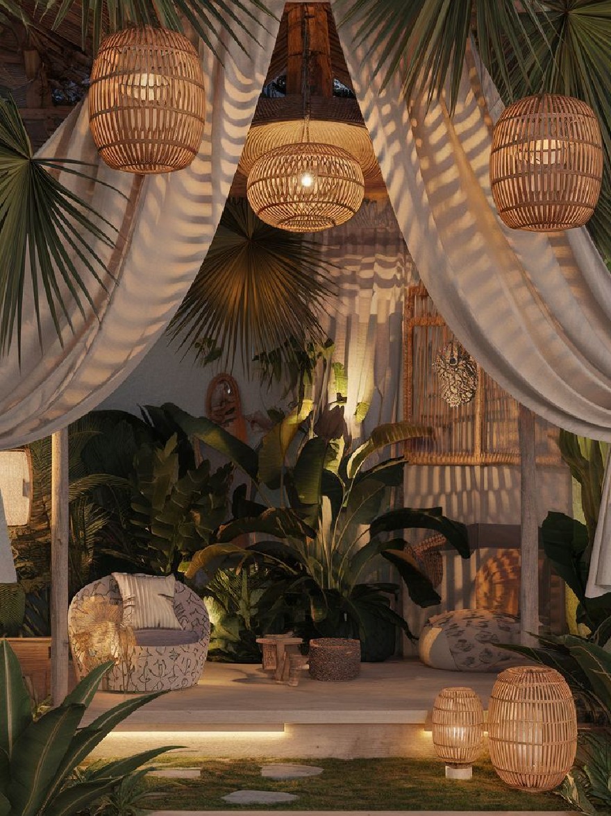 Русский промпт: Тропическая обстановка с пышной зеленью и естественным освещением с ткаными ротанными фонарями, висящими на потолке, драпируемыми белыми драпировками, создавая безмятежную и привлекательную атмосферу. Сцена установлена на открытом воздухе ночью, с каменной дорожкой, ведущей к деревянной конструкции, окруженной высокими пальмами и различными тропическими растениями. Освещение создает теплую и привлекательную атмосферу, с мягкими, теплыми тонами, которые выявляют естественную красоту сцены. Общий эффект - это расслабление и спокойствие. | Original prompt: A tropical setting with lush greenery and natural lighting, featuring woven rattan lanterns hanging from the ceiling, draped with white drapes, creating a serene and inviting atmosphere. The scene is set outdoors at night, with a stone pathway leading up to a wooden structure, surrounded by tall palm trees and various tropical plants. The lighting creates a warm and inviting ambiance, with soft, warm tones that bring out the natural beauty of the scene. The overall effect is one of relaxation and tranquility.