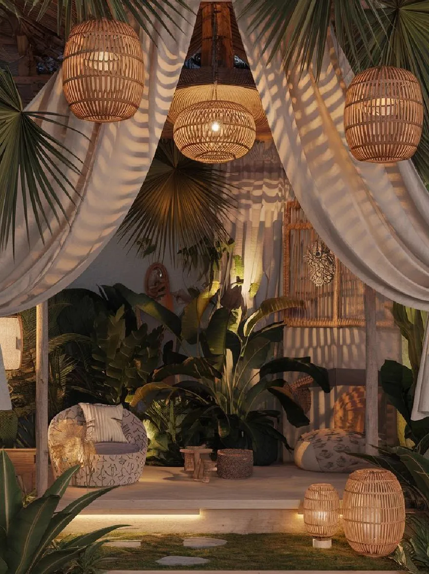 Русский промпт: Тропическая обстановка с пышной зеленью и естественным освещением с ткаными ротанными фонарями, висящими на потолке, драпируемыми белыми драпировками, создавая безмятежную и привлекательную атмосферу. Сцена установлена на открытом воздухе ночью, с каменной дорожкой, ведущей к деревянной конструкции, окруженной высокими пальмами и различными тропическими растениями. Освещение создает теплую и привлекательную атмосферу, с мягкими, теплыми тонами, которые выявляют естественную красоту сцены. Общий эффект - это расслабление и спокойствие. | Original prompt: A tropical setting with lush greenery and natural lighting, featuring woven rattan lanterns hanging from the ceiling, draped with white drapes, creating a serene and inviting atmosphere. The scene is set outdoors at night, with a stone pathway leading up to a wooden structure, surrounded by tall palm trees and various tropical plants. The lighting creates a warm and inviting ambiance, with soft, warm tones that bring out the natural beauty of the scene. The overall effect is one of relaxation and tranquility.