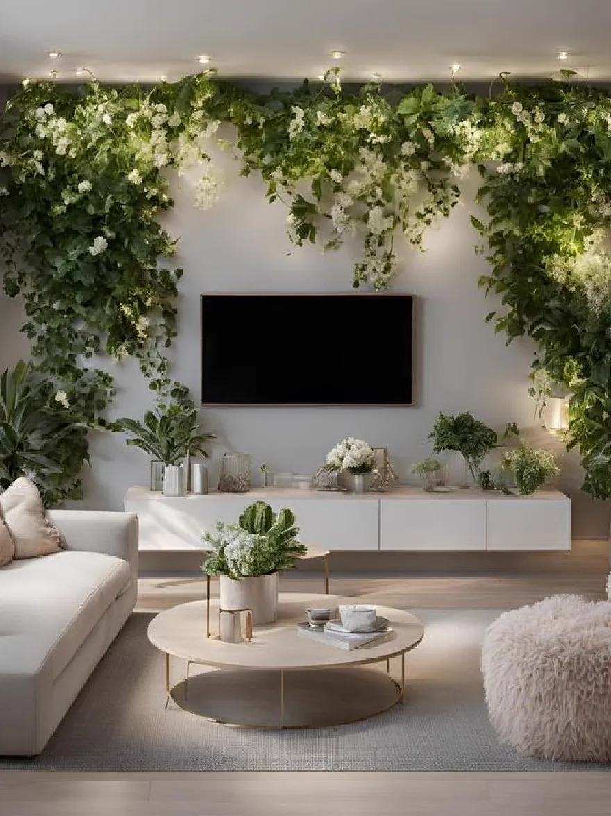 Русский промпт: Современная гостиная с минималистским дизайном с белым диваном с бежевыми подушками, круглым деревянным журнальным столиком с горшечным растением, двумя пушистыми османами и большим телевизором с плоским экраном, установленным на стене. Комната украшена пышной зеленью и белыми цветами, создавая натуральную и привлекательную атмосферу. Стены окрашены в нейтральный цвет, а пол покрыт светлым ковриком. Потолок украшен утопленным освещением, что придает комнате яркий и воздушный вид. Общая эстетика современная и привлекательная, идеально подходит для расслабления и развлечения. | Original prompt: A modern living room with a minimalist design, featuring a white sofa with beige cushions, a round wooden coffee table with a potted plant, two fluffy ottomans, and a large flat screen tv mounted on the wall. The room is decorated with lush greenery and white flowers, creating a natural and inviting atmosphere. The walls are painted in a neutral color, and the floor is covered with a light-colored rug. The ceiling is adorned with recessed lighting, giving the room a bright and airy feel. The overall aesthetic is modern and inviting, perfect for relaxing and entertaining.