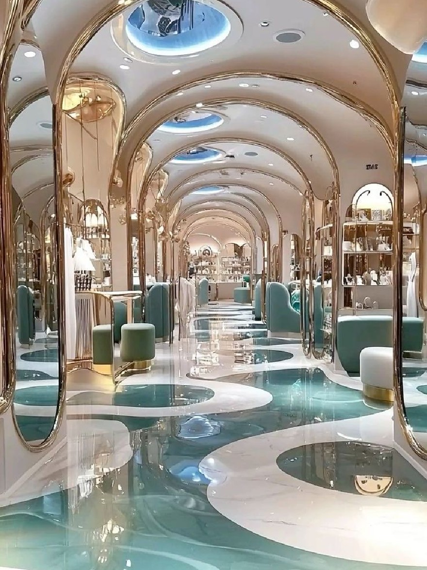 Русский промпт: Изображение показывает роскошное современное торговое место с роскошным дизайном интерьера с сочетанием золотых и бирюзовых тонов. Пол изготовлен из мрамора с глянцевой отделкой, а стены украшены большими изогнутыми зеркалами, которые отражают свет, создавая потрясающий визуальный эффект. Комната хорошо освещается с утопленным освещением, и есть несколько рядов зеркал вдоль длины пространства, что позволяет клиентам видеть различные элементы. Общая эстетика элегантная и сложная, с чувством изысканности и роскоши. | Original prompt: The image shows a luxurious, modern retail space with a luxurious interior design featuring a combination of gold and turquoise tones. The floor is made of marble with a glossy finish, and the walls are adorned with large, curved mirrors that reflect the light, creating a stunning visual effect. The room is well-lit with recessed lighting, and there are several rows of mirrors along the length of the space, allowing customers to see the various items on display. The overall aesthetic is elegant and sophisticated, with a sense of sophistication and luxury.