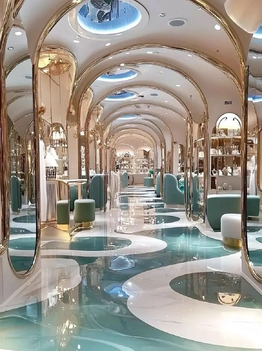 Русский промпт: Изображение показывает роскошное современное торговое место с роскошным дизайном интерьера с сочетанием золотых и бирюзовых тонов. Пол изготовлен из мрамора с глянцевой отделкой, а стены украшены большими изогнутыми зеркалами, которые отражают свет, создавая потрясающий визуальный эффект. Комната хорошо освещается с утопленным освещением, и есть несколько рядов зеркал вдоль длины пространства, что позволяет клиентам видеть различные элементы. Общая эстетика элегантная и сложная, с чувством изысканности и роскоши. | Original prompt: The image shows a luxurious, modern retail space with a luxurious interior design featuring a combination of gold and turquoise tones. The floor is made of marble with a glossy finish, and the walls are adorned with large, curved mirrors that reflect the light, creating a stunning visual effect. The room is well-lit with recessed lighting, and there are several rows of mirrors along the length of the space, allowing customers to see the various items on display. The overall aesthetic is elegant and sophisticated, with a sense of sophistication and luxury.