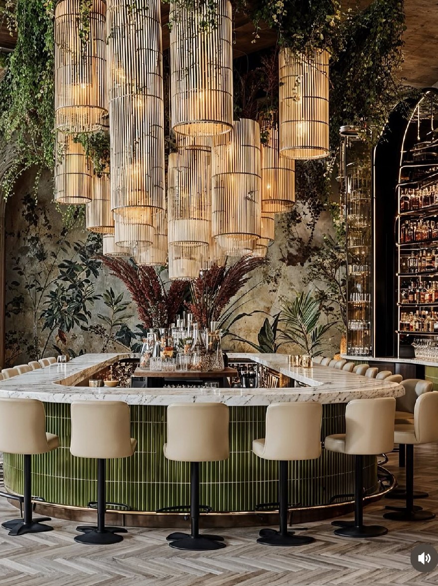 Русский промпт: На изображении показан роскошный бар с большой круглой мраморной столешницей в центре, окруженном бежевыми кожаными барными классами. Стременная столешница украшена зеленым бамбуковым ковриком и имеет современный минималистский дизайн. Над столешницей большая люстра, сделанная из бамбуковых палочек, висит с потолка, с пышной зеленью, каскадной по стенам. На правой стороне изображения высокий цилиндрический витрин, заполненный бутылками ликера, стоит за стержней, добавляя оттенки изысканности. Освещение тепло и привлекательно, создавая уютную атмосферу. Пол изготовлен из плитки елочки, добавляя текстуру и глубину в пространство. | Original prompt: The image shows a luxurious bar with a large, round, marble countertop in the center, surrounded by beige leather barstools. The countertop is decorated with a green bamboo mat and has a modern, minimalist design. Above the countertop, a large chandelier made of bamboo sticks hangs from the ceiling, with lush greenery cascading down the walls. On the right side of the image, a tall, cylindrical display case filled with bottles of liquor stands behind the bar, adding a touch of sophistication. The lighting is warm and inviting, creating a cozy atmosphere. The floor is made of herringbone tiles, adding texture and depth to the space.