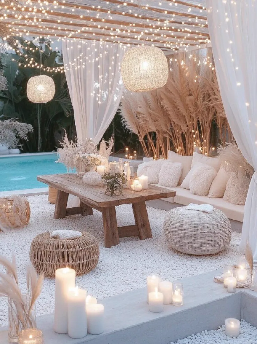 Русский промпт: Романтическая обстановка внутреннего дворика с белой камешкой, деревянным столом, плетеной мебелью и белыми подушками. Патио украшен струнными светильниками и пампас -травой, создавая теплую и привлекательную атмосферу. Освещение мягкое и теплое, с белыми фонарями, свисающими с потолка, обеспечивая уютную атмосферу. На фоне есть бассейн и пышная зелень, добавляя к тропическому ощущению сцены. Общий эффект - это расслабление и спокойствие. | Original prompt: A romantic outdoor patio setting with white pebbles, a wooden table, wicker furniture, and white cushions. The patio is decorated with string lights and pampas grass, creating a warm and inviting atmosphere. The lighting is soft and warm, with white lanterns hanging from the ceiling, providing a cozy ambiance. The background features a swimming pool and lush greenery, adding to the tropical feel of the scene. The overall effect is one of relaxation and tranquility.