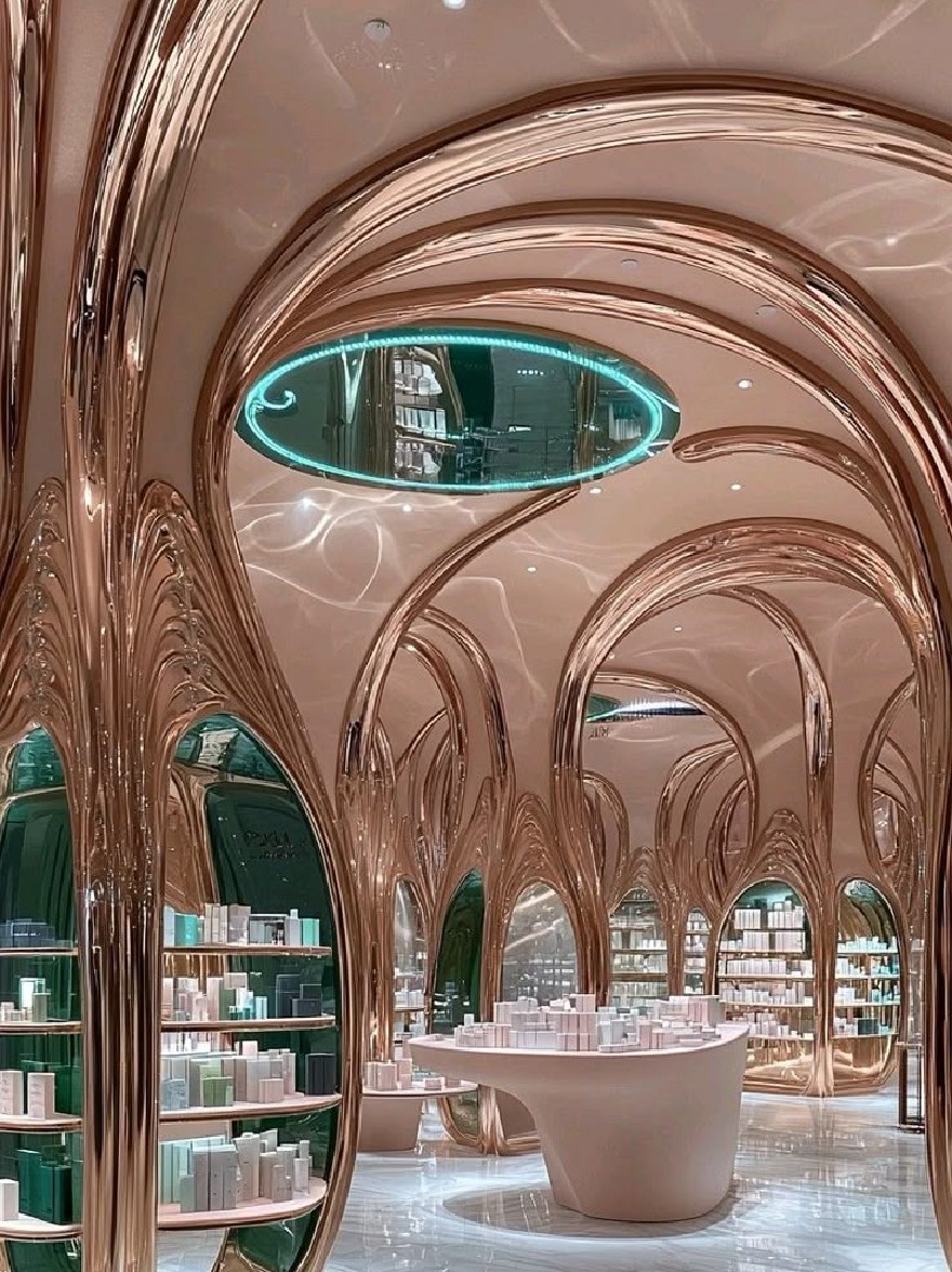 Русский промпт: Изображение показывает интерьер роскошного современного магазина с изогнутым эстетикой розового золота. В магазине есть мраморный пол, большие овальные полки, заполненные белыми и зелеными бутылками, и белый круглый стол в центре. Стены выстланы большими изогнутыми зеркалами, которые отражают окружающую среду. Потолок украшен утопленным освещением, создавая теплую и привлекательную атмосферу. Общий дизайн элегантный и сложный, со смесью высококлассных и современных элементов. | Original prompt: The image shows the interior of a luxurious, modern store with a curved, rose gold aesthetic. The store has a marble floor, large, oval-shaped shelves filled with white and green bottles, and a white, circular table in the center. The walls are lined with large, curved mirrors that reflect the surrounding environment. The ceiling is adorned with recessed lighting, creating a warm and inviting atmosphere. The overall design is elegant and sophisticated, with a mix of high-end and contemporary elements.