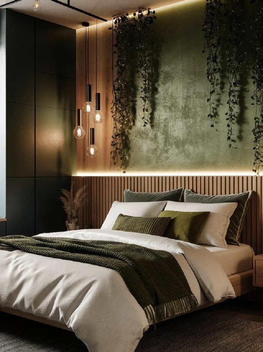 Русский промпт: Современная спальня с минималистским дизайном с большой кроватью с деревянным изголовью и темно -зелеными стенами. Кровать покрыта белым и зеленым одеялом и подушками, а также зеленое одеяло. Комната украшена подвесными растениями и лампочками, создавая уютную и привлекательную атмосферу. Стены изготовлены из деревянных панелей, а пол покрыт серой ковриком. Общая цветовая схема нейтральная, с оттенками зеленого, коричневого и бежевого цвета создает теплую и привлекательную атмосферу. Освещение мягкое и теплое, бросая уютное сияние на комнату. | Original prompt: A modern bedroom with a minimalist design, featuring a large bed with a wooden headboard and dark green walls. The bed is covered with a white and green comforter and pillows, along with a green blanket. The room is decorated with hanging plants and light bulbs, creating a cozy and inviting atmosphere. The walls are made of wood paneling, and the floor is covered in a gray area rug. The overall color scheme is neutral, with shades of green, brown, and beige creating a warm and inviting ambiance. The lighting is soft and warm, casting a cozy glow on the room.