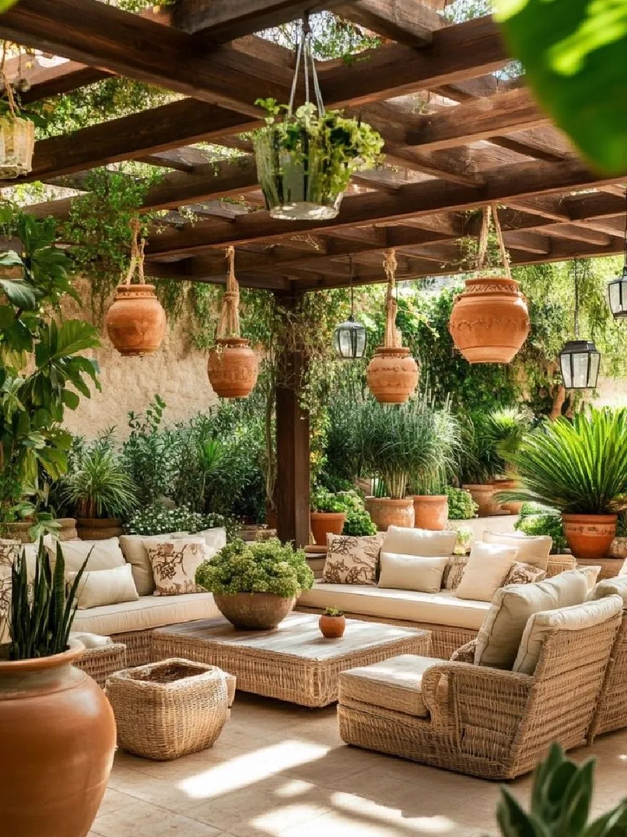 Русский промпт: Деревенское открытое жилое пространство с деревянной перголой, украшенное висящими терракоттскими горшками и пышной зеленью. Патио снабжен плетеной мебелью, в том числе диван, кресла и журнальный столик, все с бежевыми подушками. По всему пространству разбросаны несколько горшечных растений, добавляя оттенку зелени в привлекательную атмосферу. Солнце сияет через деревья, наносит теплый сияние на каменной стене на заднем плане. Общая эстетика - это мирная и привлекательная, идеально подходит для расслабления и развлечения. | Original prompt: A rustic outdoor living space with a wooden pergola, adorned with hanging terracotta pots and lush greenery. The patio is furnished with wicker furniture, including a sofa, armchairs, and a coffee table, all with beige cushions. There are several potted plants scattered throughout the space, adding a touch of greenery to the inviting atmosphere. The sun is shining through the trees, casting a warm glow on the stone wall in the background. The overall aesthetic is peaceful and inviting, perfect for relaxing and entertaining.
