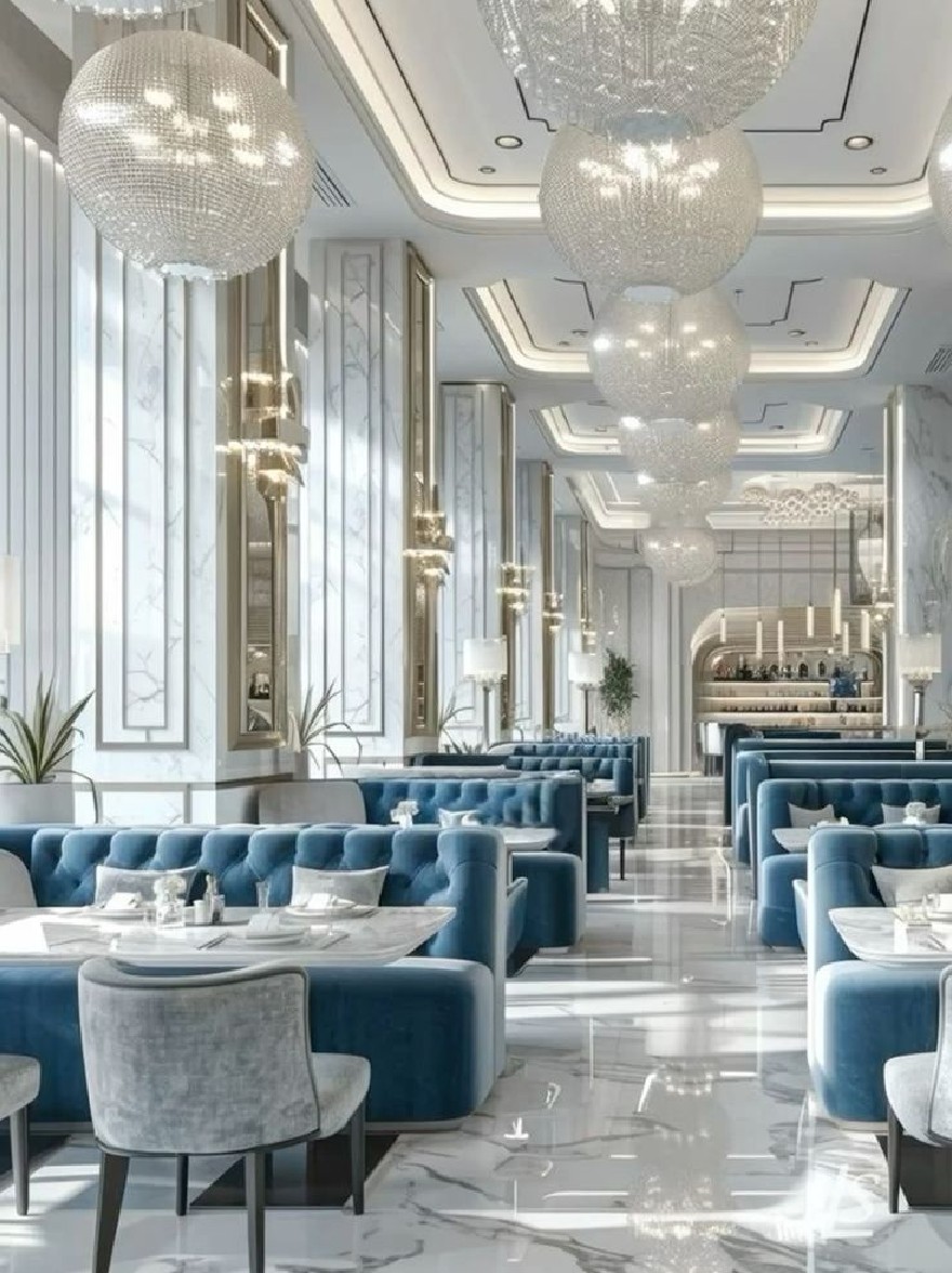 Русский промпт: Роскошная столовая с современным и элегантным дизайном. Комната украшена большими, инкрустированными хрустальными люстрами, висящими на потолке, и роскошными синими бархатными стендами и стульями, расположенными по всему пространству. Стены украшены замысловатыми золотыми и белыми дизайнами, а пол изготовлен из белого мрамора с глянцевой отделкой. На столах есть тарелки, очки и салфетки, добавляя в сложную атмосферу. Общая атмосфера сложна и роскошна, с акцентом на роскошь и изысканности. Освещение мягкое и теплое, создавая теплую и привлекательную атмосферу. | Original prompt: A luxurious dining room with a modern and elegant design. The room is decorated with large, crystal-encrusted chandeliers hanging from the ceiling, and luxurious blue velvet booths and chairs arranged throughout the space. The walls are adorned with intricate gold and white designs, and the floor is made of white marble with a glossy finish. On the tables, there are plates, glasses, and napkins, adding to the sophisticated atmosphere. The overall ambiance is sophisticated and luxurious, with a focus on luxury and sophistication. The lighting is soft and warm, creating a warm and inviting ambiance.