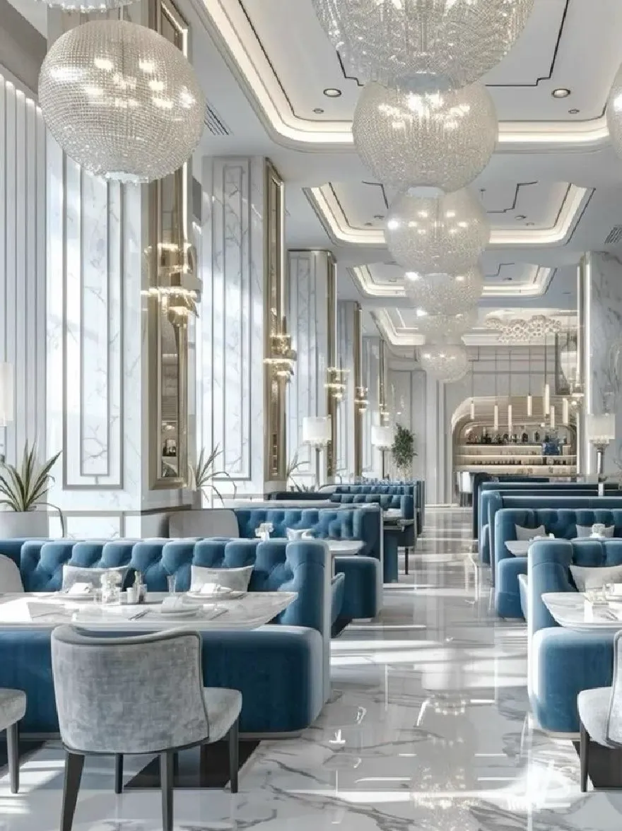 Русский промпт: Роскошная столовая с современным и элегантным дизайном. Комната украшена большими, инкрустированными хрустальными люстрами, висящими на потолке, и роскошными синими бархатными стендами и стульями, расположенными по всему пространству. Стены украшены замысловатыми золотыми и белыми дизайнами, а пол изготовлен из белого мрамора с глянцевой отделкой. На столах есть тарелки, очки и салфетки, добавляя в сложную атмосферу. Общая атмосфера сложна и роскошна, с акцентом на роскошь и изысканности. Освещение мягкое и теплое, создавая теплую и привлекательную атмосферу. | Original prompt: A luxurious dining room with a modern and elegant design. The room is decorated with large, crystal-encrusted chandeliers hanging from the ceiling, and luxurious blue velvet booths and chairs arranged throughout the space. The walls are adorned with intricate gold and white designs, and the floor is made of white marble with a glossy finish. On the tables, there are plates, glasses, and napkins, adding to the sophisticated atmosphere. The overall ambiance is sophisticated and luxurious, with a focus on luxury and sophistication. The lighting is soft and warm, creating a warm and inviting ambiance.