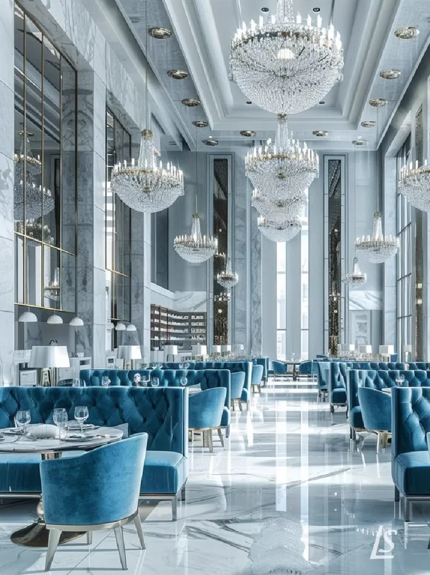Русский промпт: Роскошная столовая с элегантным и изысканным дизайном с большими люстрами, висящими на потолке, мраморными полами и роскошными синими бархатными стендами. Комната хорошо освещается с естественным светом, проходящим через большие окна, а стены украшены большими зеркалами. Столы установлены с тарелками, очками и салфетками, создавая теплую и привлекательную атмосферу. Общая цветовая схема преимущественно сине -белая, с акцентом на роскошь и изысканности. Изображение представляет собой трехмерный рендеринг с водяным знаком в правом нижнем углу. | Original prompt: A luxurious dining room with elegant and sophisticated design, featuring large chandeliers hanging from the ceiling, marble floors, and luxurious blue velvet booths. The room is well-lit with natural light coming through large windows, and the walls are adorned with large mirrors. The tables are set with plates, glasses, and napkins, creating a warm and inviting atmosphere. The overall color scheme is predominantly blue and white, with a focus on luxury and sophistication. The image is a 3D rendering with a watermark in the bottom right corner.