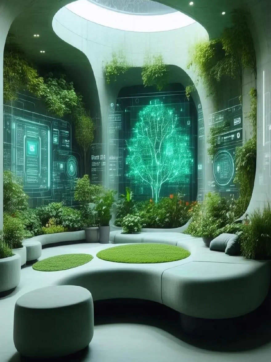Русский промпт: Футуристическое внутреннее пространство с круглой зоной сидения с зеленым деревьями, похожим на дерево в центре, окруженной пышной зеленью и различными растениями. Комната имеет футуристический дизайн с высоким уровнем детализации с большим окном, которое позволяет естественному свету фильтровать и освещать пространство. Стены изготовлены из бетона, а пол покрыт искусственной травой. По обе стороны от окна есть несколько растений в горшках, добавляя прикосновение зелени в в противном случае монохроматическую обстановку. Освещение мягкое и естественное, создавая успокаивающую атмосферу. Общая эстетика является современной и минималистичной, с акцентом на экологическую устойчивость. | Original prompt: A futuristic indoor space with a circular seating area featuring a green tree-like structure in the center, surrounded by lush greenery and various plants. The room has a futuristic design with a high level of detail, featuring a large window that allows natural light to filter in and illuminate the space. The walls are made of concrete, and the floor is covered in artificial grass. On either side of the window, there are several potted plants, adding a touch of greenery to the otherwise monochromatic setting. The lighting is soft and natural, creating a calming atmosphere. The overall aesthetic is modern and minimalistic, with a focus on environmental sustainability.