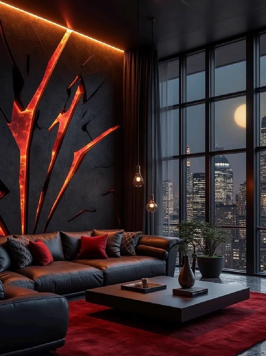 Русский промпт: Темная, современная гостиная с минималистским дизайном с большим окном с видом на городской горизонт ночью. Комната снабжен черным кожаным секционным диваном, красным ковром и деревянным журнальным столиком с вазой и книгой. Стены украшены большой, абстрактной красной скульптурой, которая выделяется на темной текстурированной стене. Освещение драматичное, с полной луной, видимой через большое окно, прописывая теплый сияние на городском пейзаже. Общая атмосфера сложна и сложна. | Original prompt: A dark, modern living room with a minimalist design, featuring a large window overlooking a city skyline at night. The room is furnished with a black leather sectional sofa, a red rug, and a wooden coffee table with a vase and a book on it. The walls are adorned with a large, abstract, red sculpture that stands out against the dark, textured wall. The lighting is dramatic, with a full moon visible through the large window, casting a warm glow over the cityscape. The overall atmosphere is sophisticated and sophisticated.