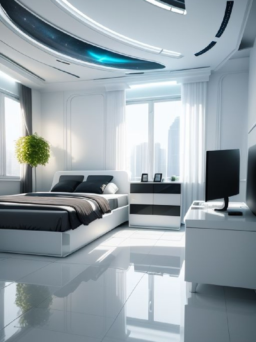 Русский промпт: Современная, футуристическая спальня с минималистским дизайном с белыми стенами, большое окно с чистыми белыми шторами и окно с кроватью. Кровать имеет белое изголовье и подножку, с черным и серым постельным бельем и подушками. На правой стороне кровати есть белая тумбочка с черным компьютерным монитором и небольшим заводом. В комнате глянцевый, отражающий пол. Потолок имеет круглую, изогнутую конструкцию с синим светильником. Общая атмосфера яркая и воздушная. | Original prompt: A modern, futuristic bedroom with a minimalist design featuring white walls, a large window with sheer white curtains, and a skylight above the bed. The bed has a white headboard and footboard, with black and gray bedding and pillows. On the right side of the bed, there is a white nightstand with a black computer monitor and a small plant. The room has a glossy, reflective floor. The ceiling has a circular, curved design with a blue light fixture. The overall atmosphere is bright and airy.
