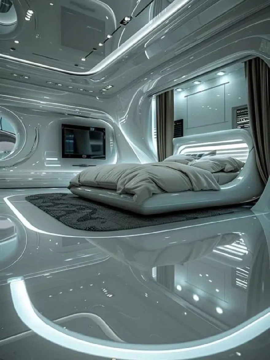 Русский промпт: Футуристическая, футуристическая спальня с гладким, металлическим интерьером и минималистским дизайном. В номере есть большая прямоугольная кровать с современным, гладким дизайном, освещенный мягким окружающим светом. Кровать помещена в центр комнаты, с черным ковром под ним. Стены облицованы круглыми окнами, позволяя естественному свету фильтровать и освещать пространство. На стене установлен телевизор с плоским экраном, установленный на стене, обеспечивая современное прикосновение. Пол изготовлен из блестящего, отражающего стекла, отражая свет и создает зеркальный эффект. Общая эстетика гладкая и современная, идеально подходит для научно-фантастической или футуристической спальни. | Original prompt: A futuristic, futuristic bedroom with a sleek, metallic interior and a minimalist design. The room features a large, rectangular bed with a modern, sleek design, illuminated by a soft, ambient light. The bed is placed in the center of the room, with a black rug beneath it. The walls are lined with circular windows, allowing natural light to filter in and illuminate the space. A flat-screen TV mounted on the wall is mounted above the bed, providing a modern touch. The floor is made of shiny, reflective glass, reflecting the light and creating a mirror-like effect. The overall aesthetic is sleek and contemporary, perfect for a sci-fi or futuristic bedroom.