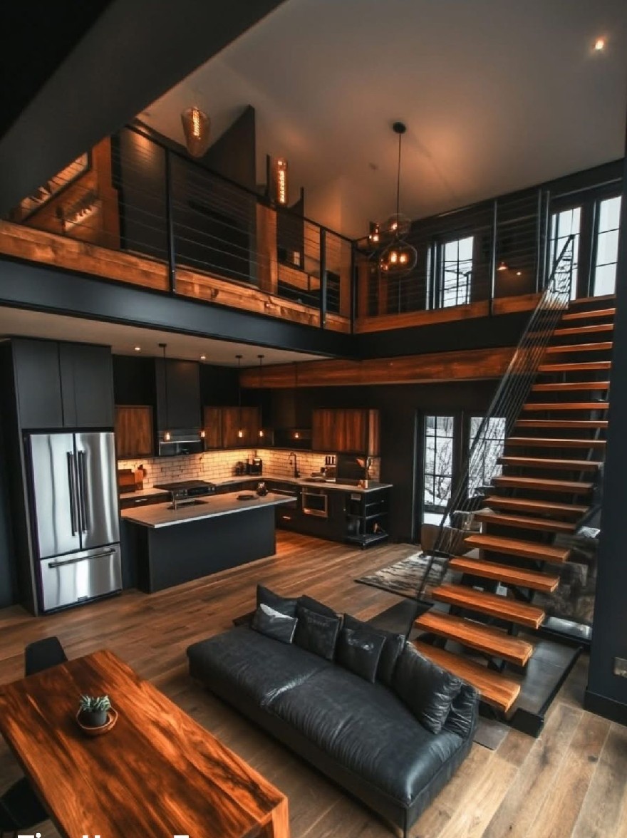 Русский промпт: Рендеринг современной, промышленной гостиной с полами из темного дерева, черным кожаным диваном, деревянным журнальным столиком и холодильником из нержавеющей стали. В комнате есть дизайн в стиле чердака с деревянной лестницей, ведущей на второй этаж. Стены изготовлены из темного дерева, а потолок изготовлен из открытых балок. Кухня оснащена приборами из нержавеющей стали, в том числе большого острова с раковиной и столешницей. Освещение смутно освещено, создавая теплую и привлекательную атмосферу. Общая эстетика гладкая и современная, с минималистской эстетикой. Изображение высококачественное и имеет водяной знак в левом нижнем углу. | Original prompt: A rendering of a modern, industrial-style living room with dark wood floors, a black leather sofa, a wooden coffee table, and a stainless steel refrigerator. The room has a loft-style design with a wooden staircase leading to the second floor. The walls are made of dark wood, and the ceiling is made of exposed beams. The kitchen is equipped with stainless steel appliances, including a large island with a sink and a countertop. The lighting is dimly lit, creating a warm and inviting atmosphere. The overall aesthetic is sleek and contemporary, with a minimalist aesthetic. The image is high quality and has a watermark in the bottom left corner.