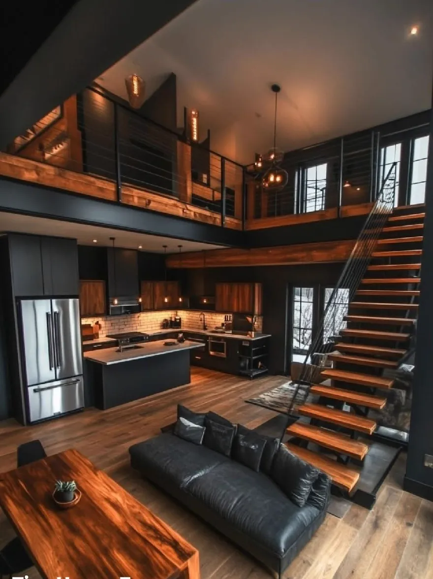 Русский промпт: Рендеринг современной, промышленной гостиной с полами из темного дерева, черным кожаным диваном, деревянным журнальным столиком и холодильником из нержавеющей стали. В комнате есть дизайн в стиле чердака с деревянной лестницей, ведущей на второй этаж. Стены изготовлены из темного дерева, а потолок изготовлен из открытых балок. Кухня оснащена приборами из нержавеющей стали, в том числе большого острова с раковиной и столешницей. Освещение смутно освещено, создавая теплую и привлекательную атмосферу. Общая эстетика гладкая и современная, с минималистской эстетикой. Изображение высококачественное и имеет водяной знак в левом нижнем углу. | Original prompt: A rendering of a modern, industrial-style living room with dark wood floors, a black leather sofa, a wooden coffee table, and a stainless steel refrigerator. The room has a loft-style design with a wooden staircase leading to the second floor. The walls are made of dark wood, and the ceiling is made of exposed beams. The kitchen is equipped with stainless steel appliances, including a large island with a sink and a countertop. The lighting is dimly lit, creating a warm and inviting atmosphere. The overall aesthetic is sleek and contemporary, with a minimalist aesthetic. The image is high quality and has a watermark in the bottom left corner.
