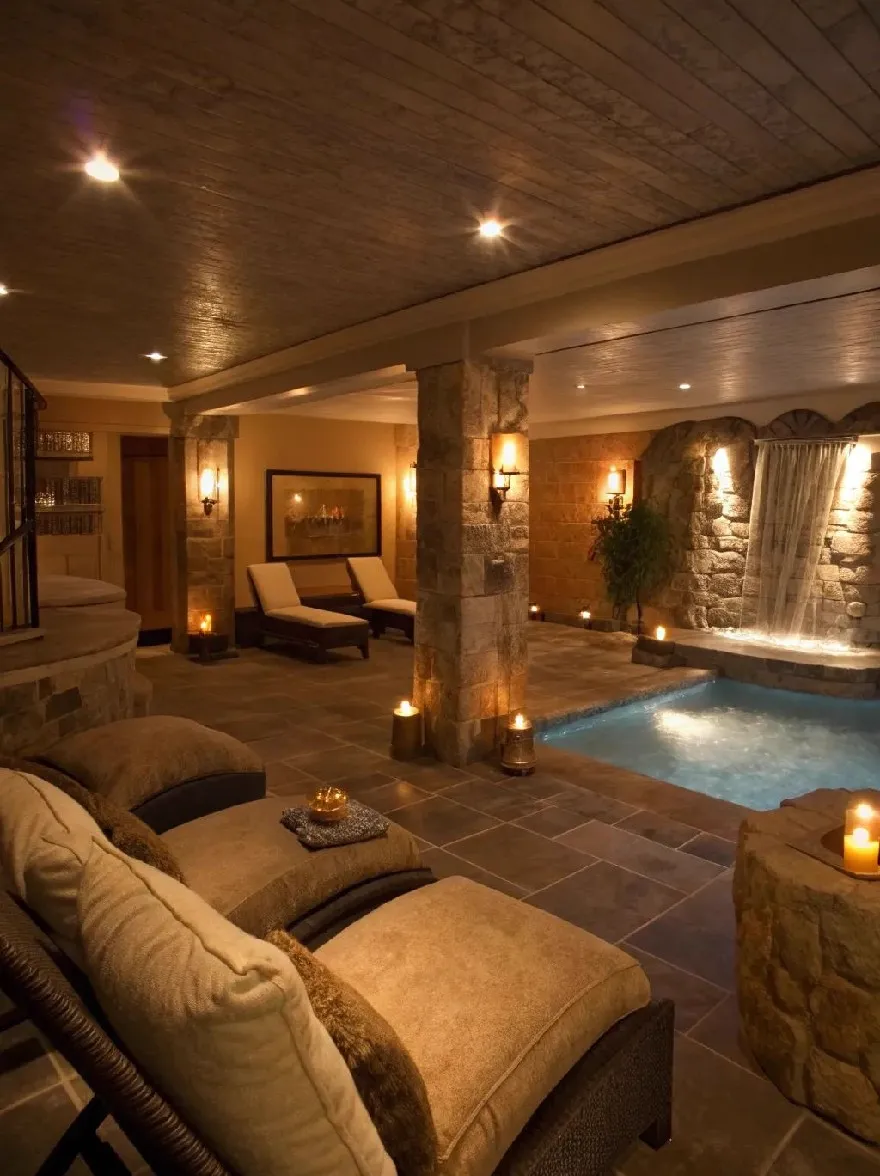 Русский промпт: Роскошный внутренний спа -салон с каменной стеной и водопадом. Комната смутно освещена теплым, привлекательным освещением, создавая расслабляющую атмосферу. В бассейне расположены несколько плетеного лаунж -стулья и османов, каждый из которых с подушкой для дополнительного комфорта. Бассейн окружен каменными колоннами, а стены украшены настенными браками. Потолок изготовлен из деревянных панелей, с утопленным освещением, обеспечивающим теплую и привлекательную атмосферу. Общий дизайн современный и привлекательный, идеально подходит для отдыха и наслаждения спа -опытом. | Original prompt: A luxurious indoor spa setting with a stone wall and a waterfall. The room is dimly lit with warm, inviting lighting, creating a relaxing atmosphere. There are several wicker lounge chairs and ottomans arranged around the pool, each with a cushion for added comfort. The pool is surrounded by stone pillars, and the walls are adorned with wall sconces. The ceiling is made of wood paneling, with recessed lighting providing a warm and inviting ambiance. The overall design is modern and inviting, perfect for relaxing and enjoying the spa experience.