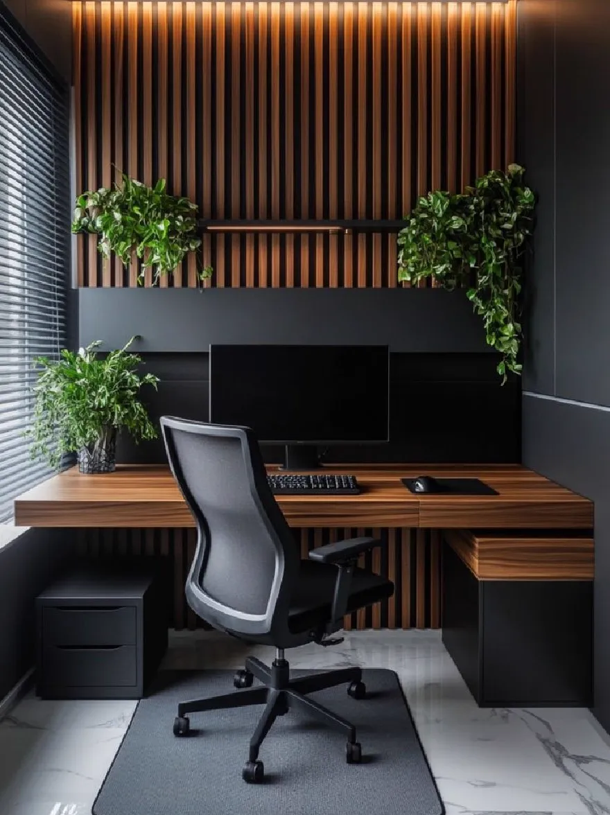Русский промпт: Современный домашний офис с минималистским дизайном с деревянным столом с черным монитором компьютера, офисным креслом Black Mesh и гладким черным шкафом. Стол расположен в центре комнаты, с мраморным полом под ним. По обе стороны от стола помещаются два растения в горшках, добавляя прикосновение зелени в в противном случае монохроматическое пространство. Стены изготовлены из темного дерева, а потолок украшен утопленным освещением, создавая теплую и привлекательную атмосферу. Общая эстетика гладкая и современная, идеально подходит для любого рабочего пространства. | Original prompt: A modern home office with a minimalist design, featuring a wooden desk with a black computer monitor, a black mesh office chair, and a sleek black cabinet. The desk is situated in the center of the room, with a marble floor beneath it. On either side of the desk, two potted plants are placed, adding a touch of greenery to the otherwise monochromatic space. The walls are made of dark wood, and the ceiling is adorned with recessed lighting, creating a warm and inviting atmosphere. The overall aesthetic is sleek and contemporary, perfect for any workspace.