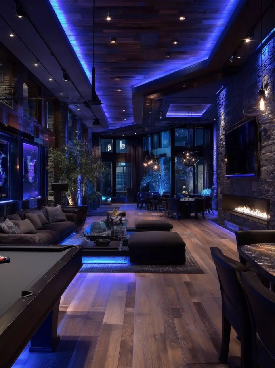Русский промпт: Роскошная гостиная с бассейном в центре, окруженная темными деревянными полами и каменным камином. Комната смутно освещена синим светодиодным освещением, создавая теплую и привлекательную атмосферу. Стены изготовлены из темного дерева, а потолок изготовлен из деревянных панелей. На левой стороне комнаты на стене установлен большой телевизор, а на правой стороне есть несколько картин. Стол для бассейна находится на переднем плане, со столом снукера перед ним. Пол покрыт черным ковриком, а по комнате разбросаны черные османы и стулья. Камин встроен в каменную стену, обеспечивая уютное и интимное пространство для развлекательных гостей. Общий дизайн современный и сложный, с большим количеством естественного света, исходящего от камина. | Original prompt: A luxurious living room with a pool table in the center, surrounded by dark wood floors and a stone fireplace. The room is dimly lit with blue LED lighting, creating a warm and inviting atmosphere. The walls are made of dark wood, and the ceiling is made of wood panels. On the left side of the room, there is a large TV mounted on the wall, and on the right side, there are several framed pictures. The pool table is in the foreground, with a snooker table in front of it. The floor is covered with a black area rug, and there are black ottomans and chairs scattered around the room. The fireplace is built into the stone wall, providing a cozy and intimate space for entertaining guests. The overall design is modern and sophisticated, with plenty of natural light coming from the fireplace.