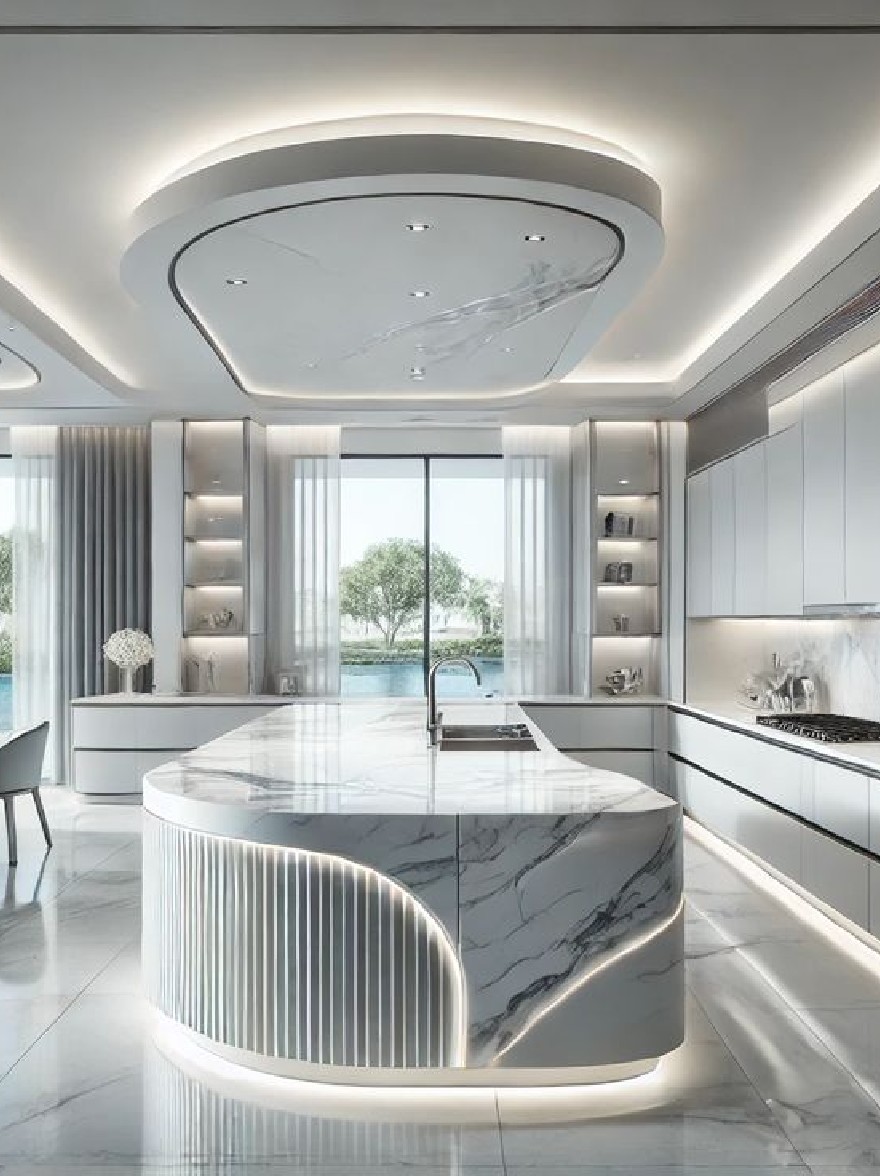 Русский промпт: Современная, роскошная кухня с изогнутым мраморным островом в центре, освещенная утопленным освещением. На кухне есть гладкий, минималистский дизайн с белыми шкафами и большое окно, которое предлагает потрясающий вид на озеро и зелень снаружи. У острова есть мраморная столешница и раковина, а пол сделан из мрамора. Комната просторная и хорошо освещенная, с большим количеством естественного света из больших окон. Общая эстетика элегантная и сложная, с акцентом на естественную красоту кухни. | Original prompt: A modern, luxurious kitchen with a curved marble island in the center, illuminated by recessed lighting. The kitchen has a sleek, minimalist design with white cabinets and a large window that offers a stunning view of a lake and greenery outside. The island has a marble countertop and a sink, and the floor is made of marble. The room is spacious and well-lit, with plenty of natural light coming from the large windows. The overall aesthetic is elegant and sophisticated, with a focus on the natural beauty of the kitchen.
