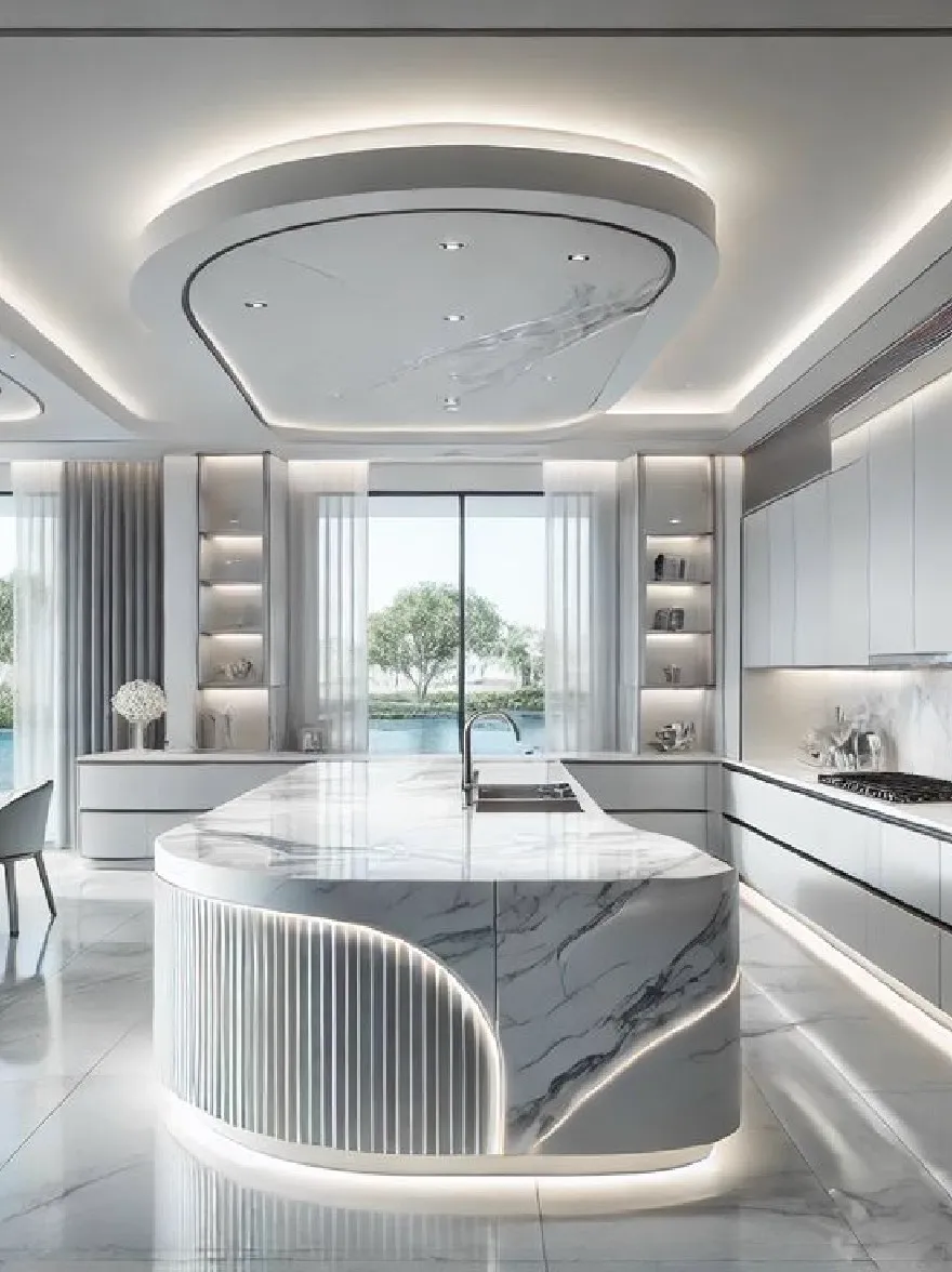 Русский промпт: Современная, роскошная кухня с изогнутым мраморным островом в центре, освещенная утопленным освещением. На кухне есть гладкий, минималистский дизайн с белыми шкафами и большое окно, которое предлагает потрясающий вид на озеро и зелень снаружи. У острова есть мраморная столешница и раковина, а пол сделан из мрамора. Комната просторная и хорошо освещенная, с большим количеством естественного света из больших окон. Общая эстетика элегантная и сложная, с акцентом на естественную красоту кухни. | Original prompt: A modern, luxurious kitchen with a curved marble island in the center, illuminated by recessed lighting. The kitchen has a sleek, minimalist design with white cabinets and a large window that offers a stunning view of a lake and greenery outside. The island has a marble countertop and a sink, and the floor is made of marble. The room is spacious and well-lit, with plenty of natural light coming from the large windows. The overall aesthetic is elegant and sophisticated, with a focus on the natural beauty of the kitchen.