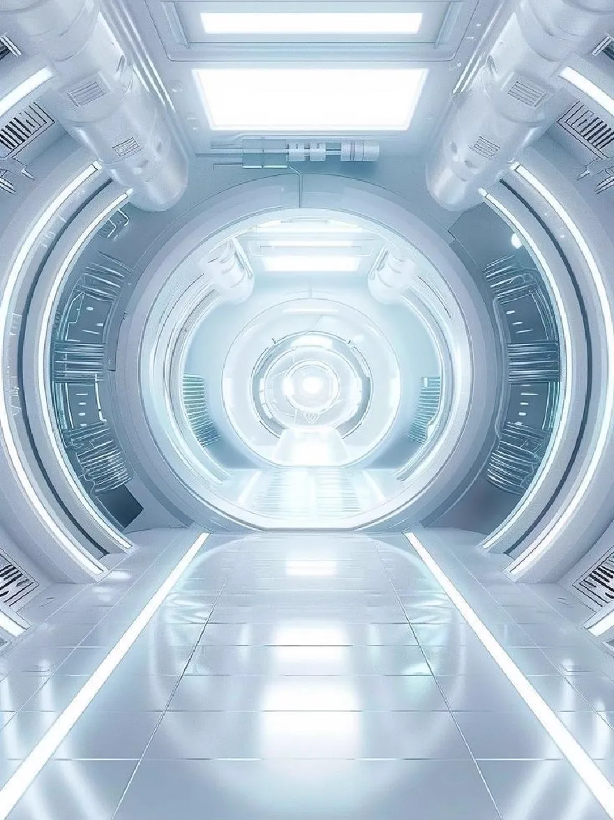 Русский промпт: Футуристический научно-фантастический коридор с высокотехнологичным, футуристическим дизайном. Коридор освещается ярко -синим и белым светом, создавая яркую и даже атмосферу. Стены изготовлены из металлических панелей, а потолок облицован воздуховодами. Пол сделан из блестящей, отражающей плитки. В центре коридора существует большое круговое отверстие, которое приводит к яркому свету в конце. Общий эффект - это чистота и изощренность. Изображение высокое качество, с гладкой, отполированной отделкой. | Original prompt: A futuristic, sci-fi corridor with a high-tech, futuristic design. The corridor is illuminated by bright blue and white lights, creating a bright and even atmosphere. The walls are made of metallic panels, and the ceiling is lined with ducts. The floor is made of shiny, reflective tiles. In the center of the corridor, there is a large, circular opening that leads to a bright, glowing light at the end. The overall effect is one of cleanliness and sophistication. The image is high quality, with a smooth, polished finish.