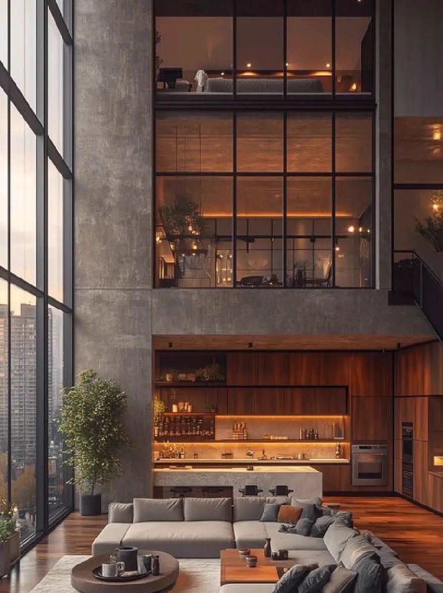 Русский промпт: Современная минималистская гостиная с высоким потолком, большие окна, которые предлагают панорамный вид на городской горизонт. Комната снабжена большим секционным диваном, круглым журнальным столиком и несколькими горшечными растениями. Стены изготовлены из бетона и дерева, а пол покрыт белым ковриком. Освещение мягкое и теплое, создавая уютную атмосферу. Большое окно слева показывает городской пейзаж с высокими зданиями, в то время как в правом изображена кухня с приборами из нержавеющей стали и деревянными шкафами. Общий дизайн гладкий и современный, с минималистской эстетикой. | Original prompt: A modern, minimalist living room with a high ceiling, large windows that offer a panoramic view of the city skyline. The room is furnished with a large sectional sofa, a round coffee table, and several potted plants. The walls are made of concrete and wood, and the floor is covered with a white area rug. The lighting is soft and warm, creating a cozy atmosphere. The large window on the left shows a cityscape with tall buildings, while the right shows a kitchen with stainless steel appliances and wooden cabinets. The overall design is sleek and contemporary, with a minimalist aesthetic.