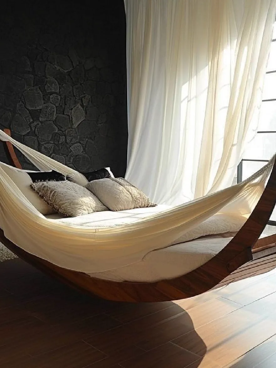 Русский промпт: Современная минималистская спальня с деревянным гамаком, свисающим с веревки, подвешенной с потолка. Гамак изготовлен из дерева и имеет белую ткань, накинутую на него, с несколькими подушками и подушками, аккуратно расположенными сверху. В комнате есть темные, текстурированные каменные стены и большое окно с чистыми белыми шторами, позволяя естественному свету фильтровать и освещать пространство. Пол покрыт белым ковриком, добавляя в комнату прикосновение тепла и изысканности. Общая эстетика минималистичная и современная, с акцентом на естественную красоту и изысканность. | Original prompt: A modern, minimalist bedroom with a wooden hammock hanging from a rope suspended from the ceiling. The hammock is made of wood and has a white cloth draped over it, with several pillows and cushions neatly arranged on top. The room has dark, textured stone walls and a large window with sheer white curtains, allowing natural light to filter in and illuminate the space. The floor is covered with a white rug, adding a touch of warmth and sophistication to the room. The overall aesthetic is minimalistic and contemporary, with a focus on natural beauty and sophistication.
