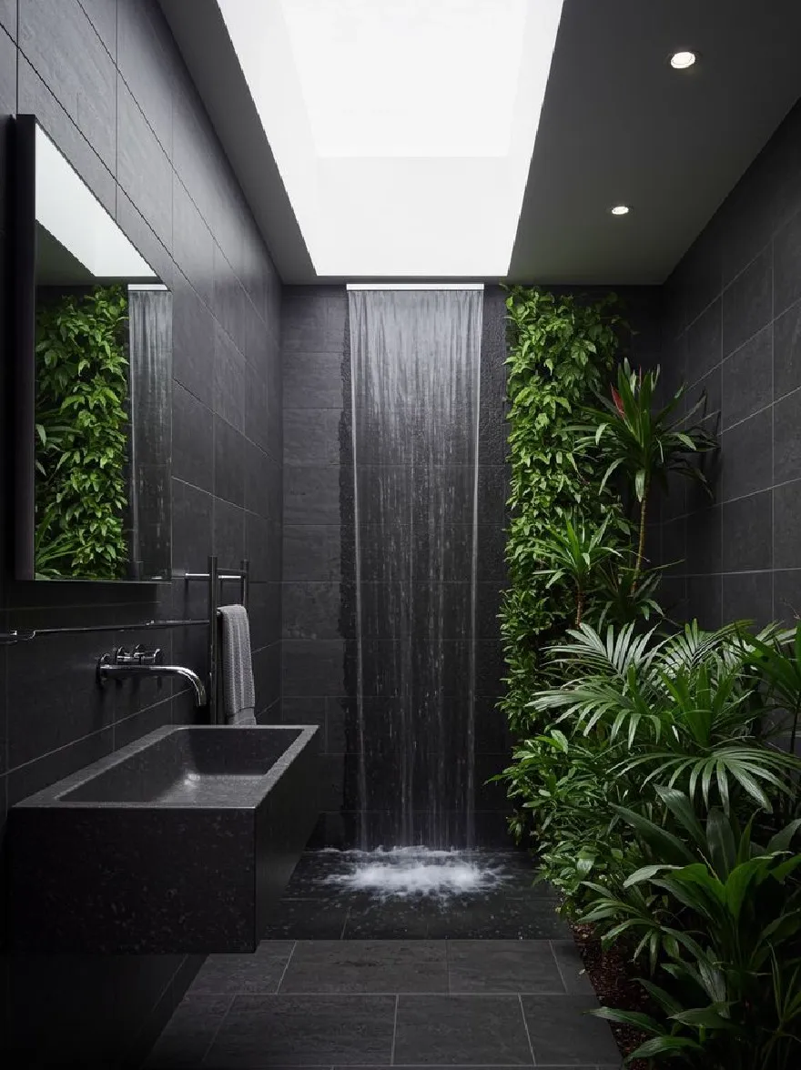 Русский промпт: Современная ванная комната с минималистским дизайном с темно -серой плитки, гладкая черная раковина и большое зеркало на левой стене. Стены покрыты пышными зелеными растениями, создавая вертикальную садовую атмосферу. Пол плит черной плитки, и в центре комнаты есть небольшой водопад. Освещение яркое и естественное, что позволяет естественному свету профильтровать через окно в окне. Общая эстетика является современной и минималистичной, с акцентом на естественную красоту и изощренность. | Original prompt: A modern bathroom with a minimalist design featuring dark grey tiles, a sleek black sink, and a large mirror on the left wall. The walls are covered in lush green plants, creating a vertical garden-like atmosphere. The floor is tiled with black tiles, and there is a small waterfall cascading down the center of the room. The lighting is bright and natural, allowing natural light to filter through the skylight above. The overall aesthetic is modern and minimalistic, with a focus on natural beauty and sophistication.
