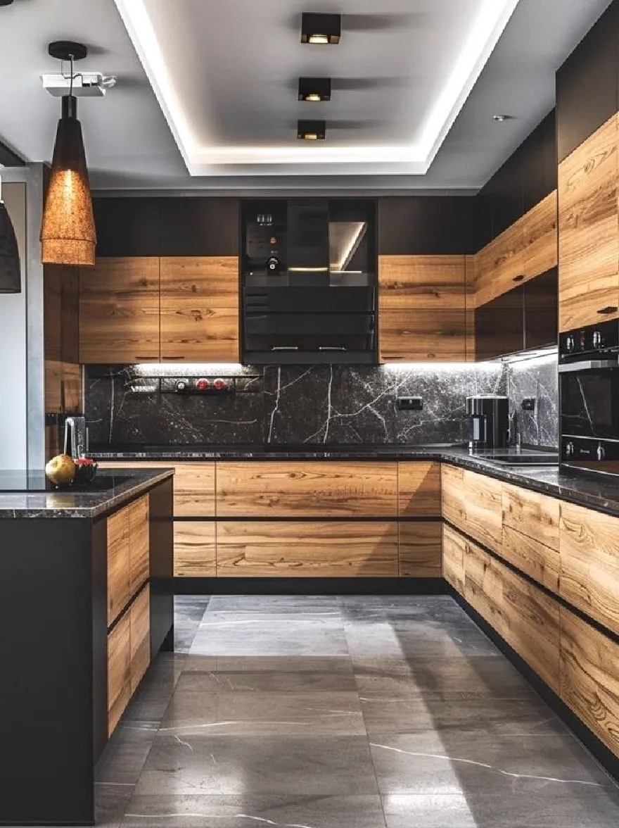 Русский промпт: Современная кухня с минималистским дизайном с деревянными шкафами, черными столешницами и мраморной обратной стороной. На кухне гладкий и современный вид, с унедованным освещением, которое освещает пространство. Шкафы изготовлены из светлого дерева, а столешницы черные с глянцевой отделкой. На левой стороне кухни есть большой остров с миской с фруктами, добавляя всплеск цвета к в остальной монохроматической кухне. Пол изготовлен из серой мраморной плитки, которая прекрасно контрастирует с темным деревом шкафов. Общий эффект - это изысканность и элегантность. | Original prompt: A modern kitchen with minimalist design, featuring wooden cabinets, black countertops, and marble backsplash. The kitchen has a sleek and contemporary look, with recessed lighting that illuminates the space. The cabinets are made of light-colored wood, and the countertops are black with a glossy finish. On the left side of the kitchen, there is a large island with a bowl of fruit, adding a pop of color to the otherwise monochromatic kitchen. The floor is made of grey marble tiles, which contrasts nicely with the dark wood of the cabinets. The overall effect is one of sophistication and elegance.