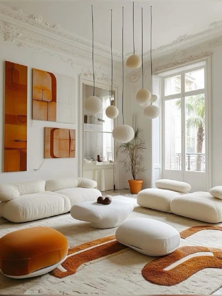 Русский промпт: Современная гостиная с белыми стенами, большое окно и большой коврик с оранжевыми акцентами. Комната оснащена белой мебелью, в том числе диван, османы и подушки, расположенные в полукруге вокруг круглого стола в центре. На потолке висит несколько подвесных фонарей с различными формами и размерами, добавляя оттенки изысканности в пространство. На левой стороне комнаты на стене установлены две большие абстрактные картины, а в углу сидит растение. Пол покрыт белым мохнатым ковром, а комната яркая и воздушная с естественным светом, проходящим через большое окно. Общая эстетика минималистичная и современная. | Original prompt: A modern living room with white walls, a large window, and a large rug with orange accents. The room is furnished with white furniture, including a sofa, ottomans, and pillows, arranged in a semi-circle around a round table in the center. Hanging from the ceiling are several pendant lights with various shapes and sizes, adding a touch of sophistication to the space. On the left side of the room, two large abstract paintings are mounted on the wall, while a potted plant sits in the corner. The floor is covered with a white shaggy rug, and the room is bright and airy with natural light coming through the large window. The overall aesthetic is minimalistic and contemporary.