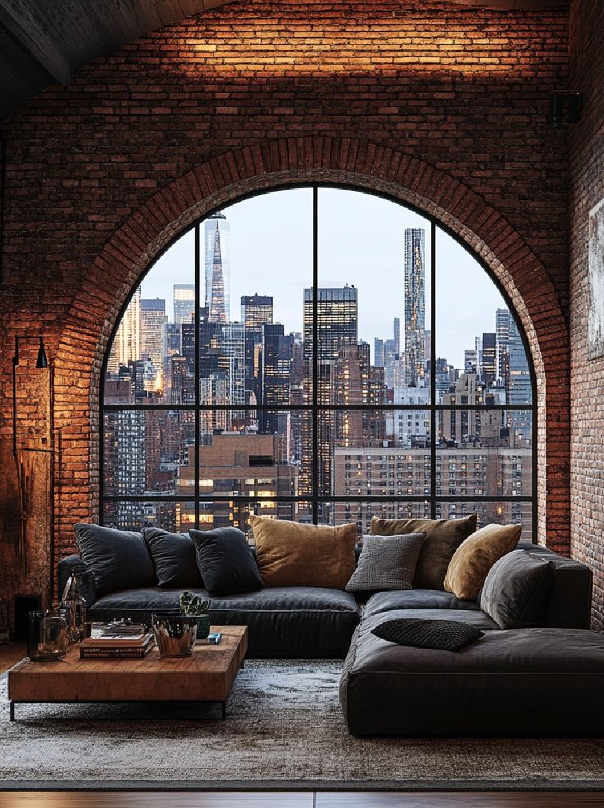Русский промпт: Современная промышленная гостиная с большой арочной кирпичной стеной и большим окном, которое предлагает потрясающий вид на горизонт города ночью. Комната оснащена темно -серым секционным диваном, деревянным журнальным столиком с различными предметами на нем и бежевым ковриком. Стены изготовлены из красного кирпича, а пол изготовлен из светлого дерева. Диван имеет несколько подушек в разных цветах, добавляя уютный штрих в пространство. Большое окно позволяет естественному свету заполнять комнату, создавая теплую и привлекательную атмосферу. | Original prompt: A modern industrial living room with a large arched brick wall and a large window that offers a stunning view of the city skyline at night. The room is furnished with a dark grey sectional sofa, a wooden coffee table with various objects on it, and a beige area rug. The walls are made of red brick, and the floor is made of light-colored wood. The sofa has several pillows in different colors, adding a cozy touch to the space. The large window allows natural light to fill the room, creating a warm and inviting atmosphere.