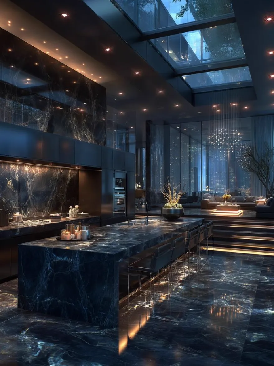 Русский промпт: Роскошная современная кухня с большим темным мраморным островом в центре, окруженная гладкими черными шкафами и мраморной столешницей. На кухне над ней есть окно, позволяя естественному свету фильтровать и освещать пространство. Стены изготовлены из стекла, что позволяет четко разоблачить городской пейзаж на улице. Пол изготовлен из темного мрамора с глянцевой отделкой, и вокруг острова есть несколько стула для сидения. На столешнице есть растение в горшках и несколько свечей, добавляя оттенки элегантности в утонченный дизайн. Общая атмосфера элегантная и сложная, с чувством роскоши и изысканности. | Original prompt: A luxurious modern kitchen with a large, dark marble island in the center, surrounded by sleek black cabinets and a marble countertop. The kitchen has a skylight above it, allowing natural light to filter in and illuminate the space. The walls are made of glass, allowing for a clear view of the cityscape outside. The floor is made of dark marble with a glossy finish, and there are several stools around the island for seating. On the countertop, there is a potted plant and a few candles, adding a touch of elegance to the sophisticated design. The overall atmosphere is elegant and sophisticated, with a sense of luxury and sophistication.