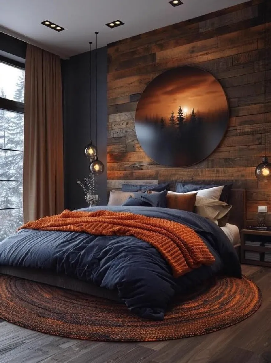 Русский промпт: Уютная, деревенская спальня с темными деревянными стенами, большая круглая деревянная стена с круглой картиной заката над лесной сценой и деревенским ковром на полу. Кровать состоит из темно -синего одеяла и оранжевого одеяла, и на нем есть несколько подушек и подушек. Комната освещена теплым естественным светом, проходящим через большое окно с левой стороны, которое предлагает вид на деревья снаружи. Потолок имеет утопленное освещение, создавая теплую и привлекательную атмосферу. Общий дизайн минималистичный и уютный, идеально подходит для уютной спальни. | Original prompt: A cozy, rustic bedroom with dark wood walls, a large round wooden wall with a circular painting of a sunset over a forest scene, and a rustic rug on the floor. The bed is made up with a navy blue comforter and orange blanket, and there are several pillows and cushions on it. The room is illuminated by warm, natural light coming through a large window on the left side, which offers a view of the trees outside. The ceiling has recessed lighting, creating a warm and inviting atmosphere. The overall design is minimalistic and cozy, perfect for a cozy bedroom.