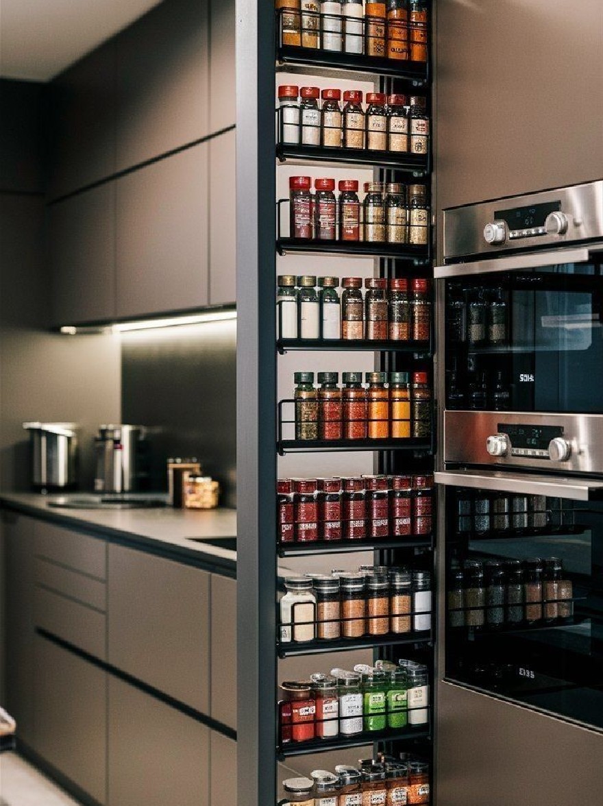 Русский промпт: Современная кухня с гладким, современным дизайном с темно -деревянными шкафами и приборами из нержавеющей стали. На правой стороне изображения есть духовка из нержавеющей стали со стеклянной дверью, а на левой стороне есть полки, заполненные различными специями, аккуратно расположенными в упорядоченном виде. Кухня хорошо освещается с утопленным освещением, создавая теплую и привлекательную атмосферу. | Original prompt: A modern kitchen with a sleek, contemporary design featuring dark wood cabinets and stainless steel appliances. On the right side of the image, there is a stainless steel oven with a glass door, and on the left side, there are shelves filled with various spices, neatly arranged in an orderly fashion. The kitchen is well-lit with recessed lighting, creating a warm and inviting atmosphere.