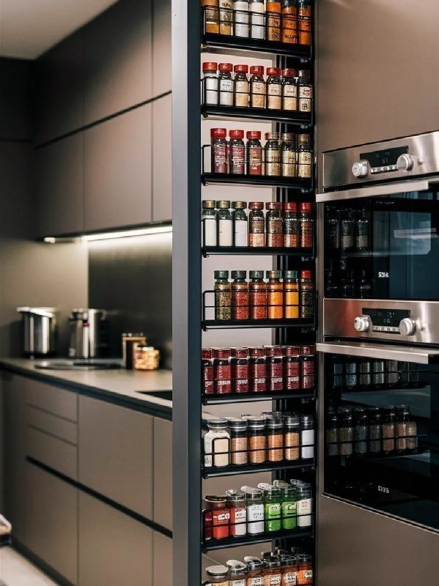 Русский промпт: Современная кухня с гладким, современным дизайном с темно -деревянными шкафами и приборами из нержавеющей стали. На правой стороне изображения есть духовка из нержавеющей стали со стеклянной дверью, а на левой стороне есть полки, заполненные различными специями, аккуратно расположенными в упорядоченном виде. Кухня хорошо освещается с утопленным освещением, создавая теплую и привлекательную атмосферу. | Original prompt: A modern kitchen with a sleek, contemporary design featuring dark wood cabinets and stainless steel appliances. On the right side of the image, there is a stainless steel oven with a glass door, and on the left side, there are shelves filled with various spices, neatly arranged in an orderly fashion. The kitchen is well-lit with recessed lighting, creating a warm and inviting atmosphere.