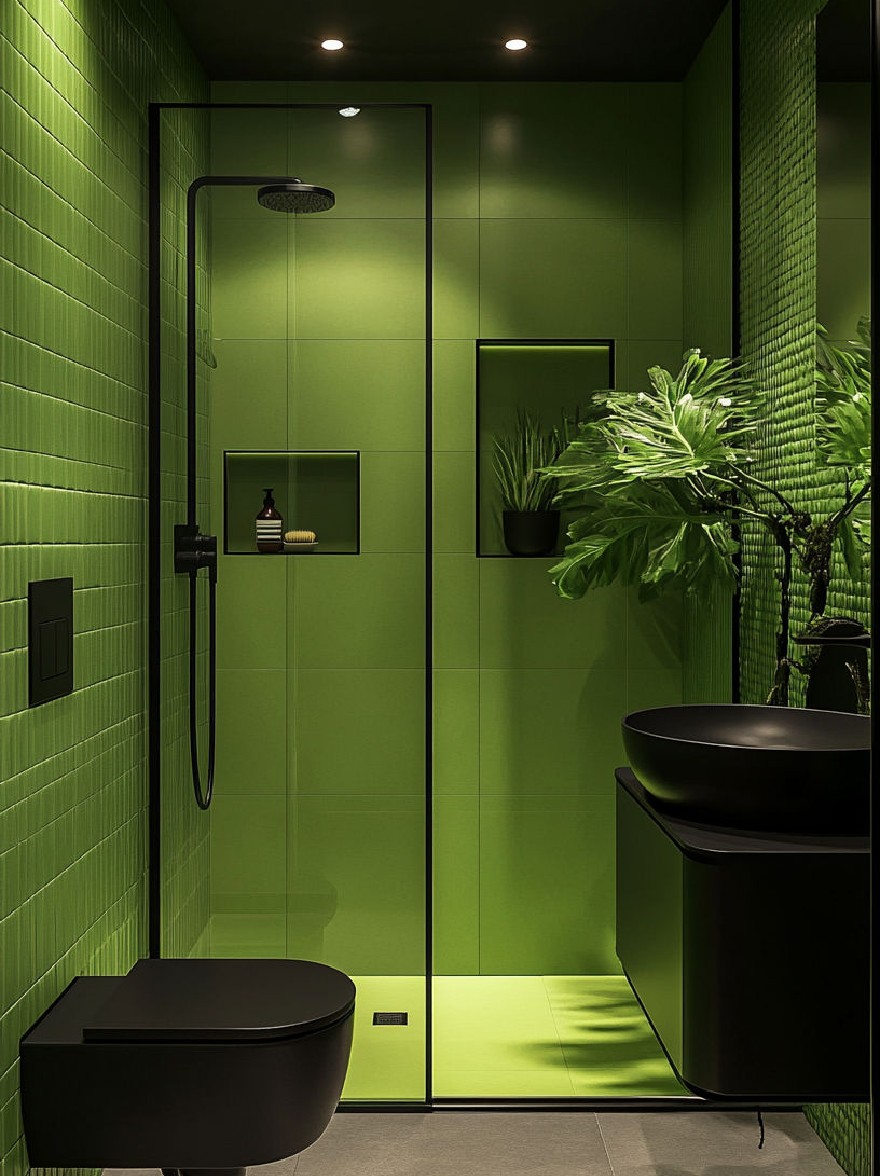 Русский промпт: Современная минималистская ванная комната с зелеными плитками и черными акцентами. Стены покрыты темно -зелеными плитками, а пол из легкого серого цвета. На левой стороне изображения есть черное сиденье туалета и черная раковина с зеркалом над ним. Душевая область покрыта стеклянной дверью, с черной душевой головкой и портативной душевой головкой. На стене есть небольшая полка с бутылкой и дозатором мыла. Комната смутно освещена утопленным освещением, создавая теплую и привлекательную атмосферу. Общий дизайн гладкий и минималистичный, с чистыми линиями и минималистской эстетикой. | Original prompt: A modern, minimalist bathroom with green tiles and black accents. The walls are covered in dark green tiles, and the floor is tiled in a light grey color. On the left side of the image, there is a black toilet seat and a black sink with a mirror above it. The shower area is enclosed by a glass door, with a black showerhead and a handheld showerhead. There is a small shelf with a bottle and a soap dispenser on the wall behind the toilet seat. The room is dimly lit with recessed lighting, creating a warm and inviting atmosphere. The overall design is sleek and minimalistic, with clean lines and a minimalist aesthetic.