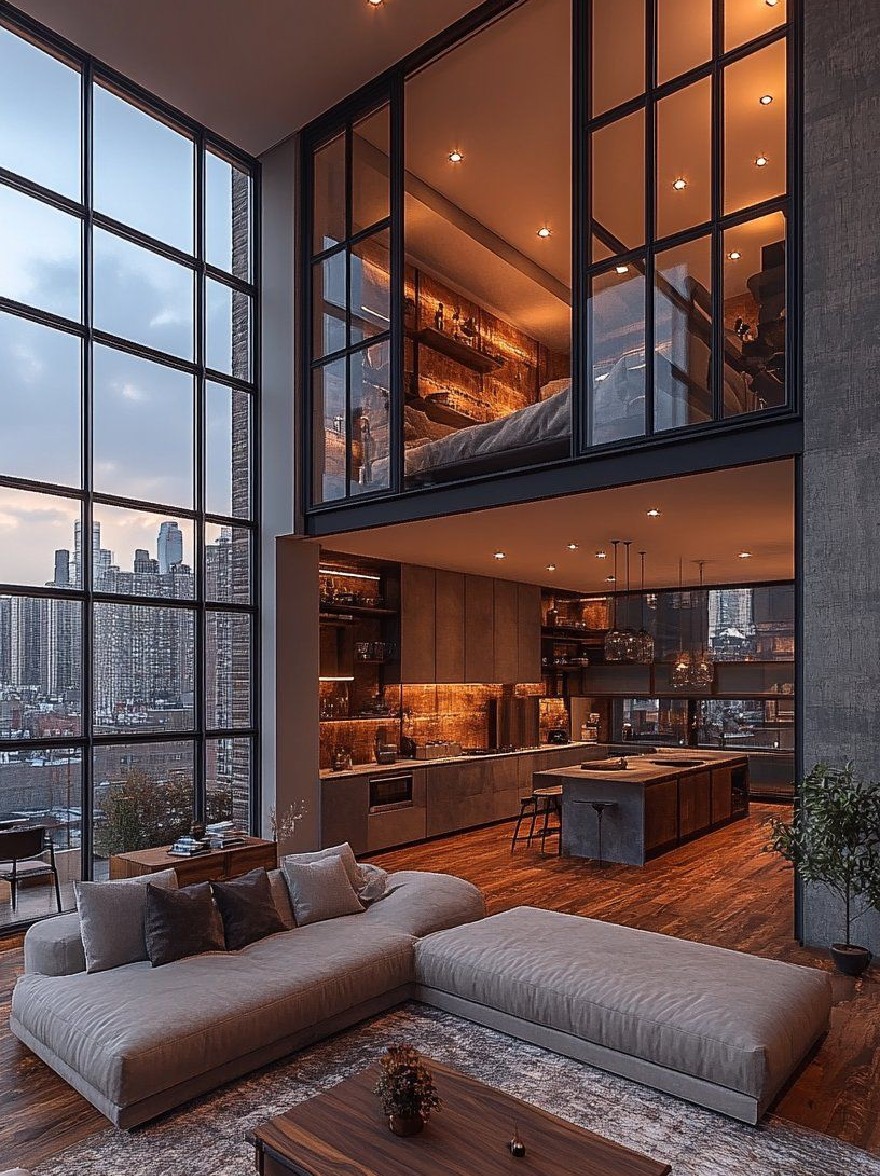 Русский промпт: Современная минималистская гостиная с большим секционным диваном, деревянным журнальным столиком и ковриком из серой области. В комнате есть большие окна, которые предлагают панорамный вид на городской горизонт в сумерках. Стены изготовлены из темного дерева, а потолок украшен утопленным освещением. Диван обилен в нейтральной ткани, а на кофейном столике есть небольшое растение. Кухня оборудована прибором из нержавеющей стали и большим островом. Общая эстетика гладкая и современная. | Original prompt: A modern, minimalist living room with a large sectional sofa, a wooden coffee table, and a gray area rug. The room has large windows that offer a panoramic view of the city skyline at dusk. The walls are made of dark wood, and the ceiling is adorned with recessed lighting. The sofa is upholstered in a neutral fabric, and there is a small potted plant on the coffee table. The kitchen is equipped with stainless steel appliances and a large island. The overall aesthetic is sleek and contemporary.