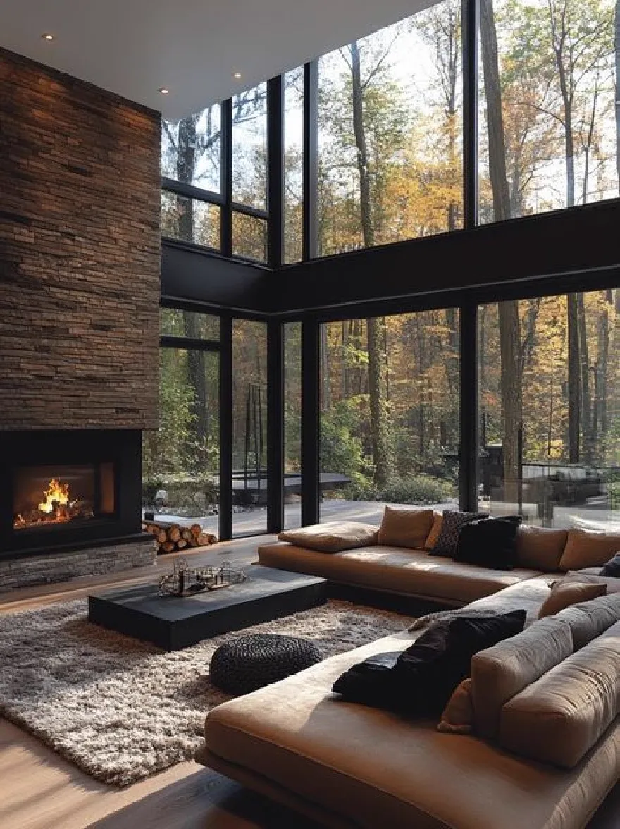Русский промпт: Современная гостиная с минималистским дизайном с большими окнами, которые предлагают вид на лес снаружи. Комната оснащена большим секционным диваном с бежевыми подушками и подушками черного броска, черным журнальным столиком и серым мохнатым ковриком. Камин встроен в стену, и деревянный огонь горит ярко. Освещение мягкое и естественное, создавая уютную атмосферу. Стены сделаны из темного дерева, а пол изготовлен из светлого дерева. Общая эстетика является современной и привлекательной. | Original prompt: A modern living room with a minimalist design, featuring large windows that offer a view of the forest outside. The room is furnished with a large sectional sofa with beige cushions and black throw pillows, a black coffee table, and a gray shaggy rug. The fireplace is built into the wall, with a wood burning fire burning brightly. The lighting is soft and natural, creating a cozy atmosphere. The walls are made of dark wood, and the floor is made of light-colored wood. The overall aesthetic is contemporary and inviting.