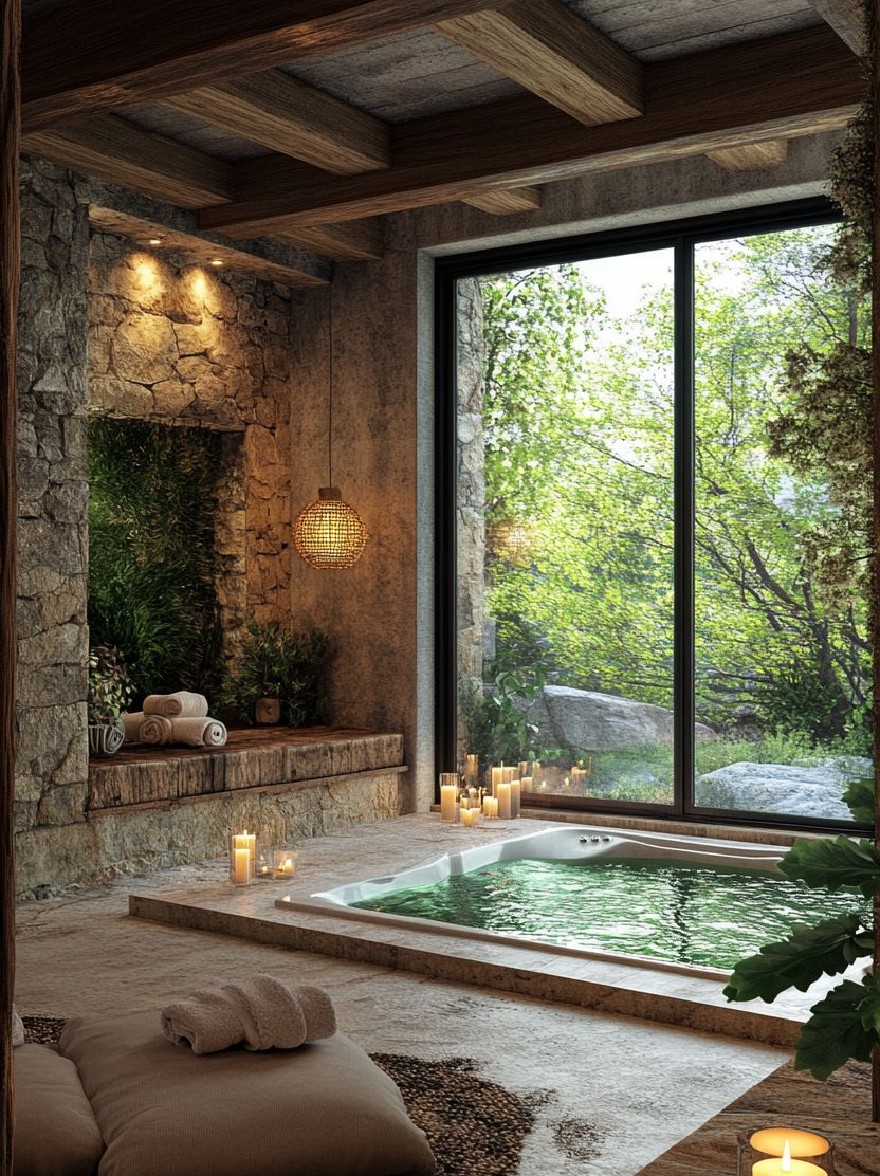 Русский промпт: Роскошная спа-салона с большим окном с видом на пышный зеленый лес. В комнате есть деревенское, естественное ощущение с каменными стенами и деревянными балками. На левой стороне изображения за ним находится каменный камин с покрытой мхом стеной. Камин освещен теплыми, мерцающими свечами. Перед камином расположены стопки белых полотенец. Пол покрыт бежевым ковром. Общая атмосфера мирная и безмятежная. | Original prompt: A luxurious spa-like setting with a large window overlooking a lush, green forest. The room has a rustic, natural feel with stone walls and wooden beams. On the left side of the image, there is a stone fireplace with a moss-covered wall behind it. The fireplace is lit with warm, flickering candles. In front of the fireplace, there are stacks of white towels neatly arranged. The floor is covered with a beige rug. The overall atmosphere is peaceful and serene.