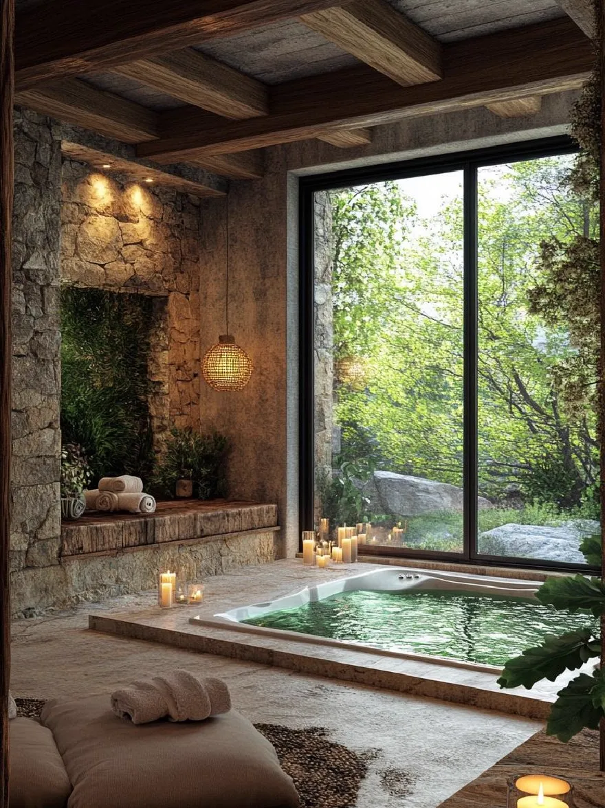 Русский промпт: Роскошная спа-салона с большим окном с видом на пышный зеленый лес. В комнате есть деревенское, естественное ощущение с каменными стенами и деревянными балками. На левой стороне изображения за ним находится каменный камин с покрытой мхом стеной. Камин освещен теплыми, мерцающими свечами. Перед камином расположены стопки белых полотенец. Пол покрыт бежевым ковром. Общая атмосфера мирная и безмятежная. | Original prompt: A luxurious spa-like setting with a large window overlooking a lush, green forest. The room has a rustic, natural feel with stone walls and wooden beams. On the left side of the image, there is a stone fireplace with a moss-covered wall behind it. The fireplace is lit with warm, flickering candles. In front of the fireplace, there are stacks of white towels neatly arranged. The floor is covered with a beige rug. The overall atmosphere is peaceful and serene.