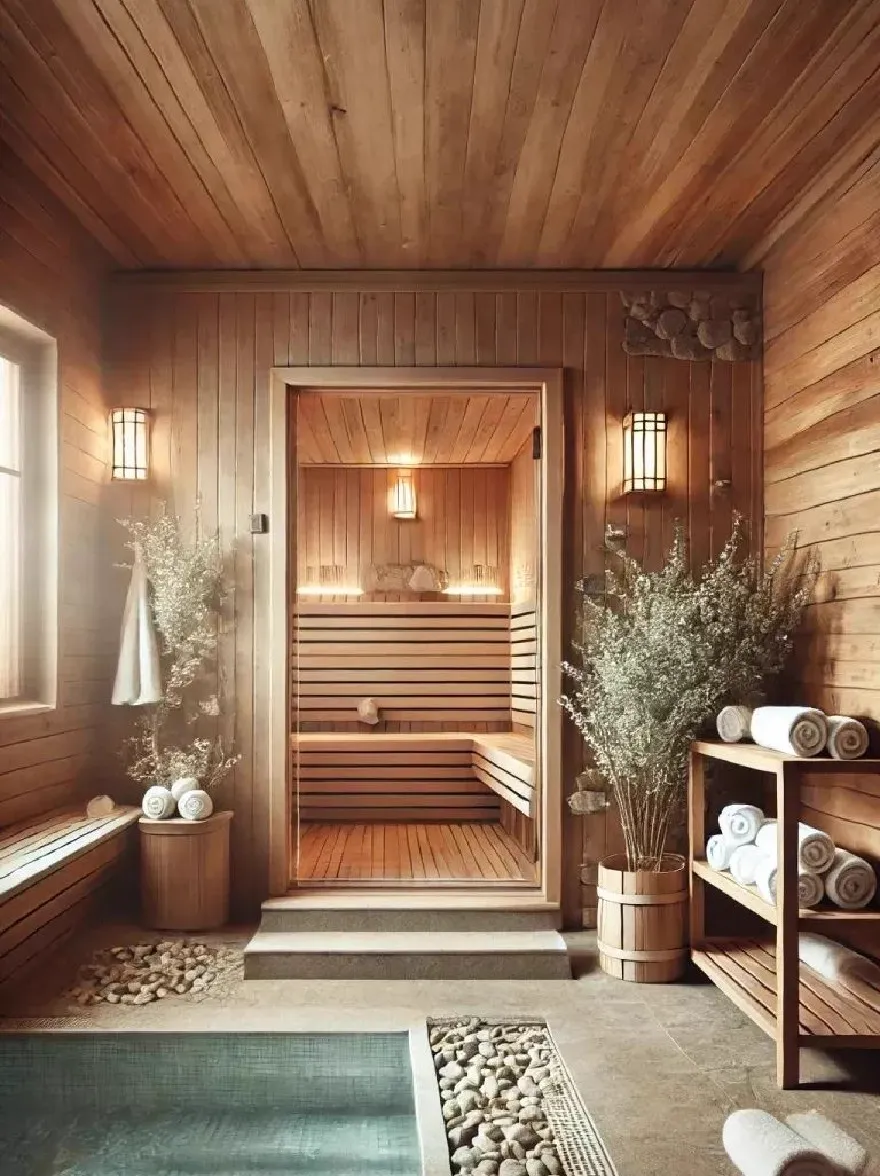 Русский промпт: Роскошная спа-сауна с деревянными стенами, деревянным потолком и стеклянной сауной. У сауны есть деревянная дверь, которая ведет в комнату, и с обеих сторон есть две деревянные скамейки. На правой стороне изображения есть деревянная полка с белыми полотенцами, аккуратно сложенными и расположенными на нем, вместе с небольшим растением в горшках. Пол изготовлен из гальки, а стены изготовлены из деревянных панелей. Освещение мягкое и теплое, создавая успокаивающую атмосферу. Общий дизайн современный и привлекательный, с акцентом на расслабление и спокойствие. | Original prompt: A luxurious spa-like setting with wooden walls, a wooden ceiling, and a glass-enclosed sauna. The sauna has a wooden door that leads into the room, and there are two wooden benches on either side. On the right side of the image, there is a wooden shelf with white towels neatly folded and placed on it, along with a small potted plant. The floor is made of pebbles, and the walls are made of wood panels. The lighting is soft and warm, creating a calming atmosphere. The overall design is modern and inviting, with a focus on relaxation and tranquility.
