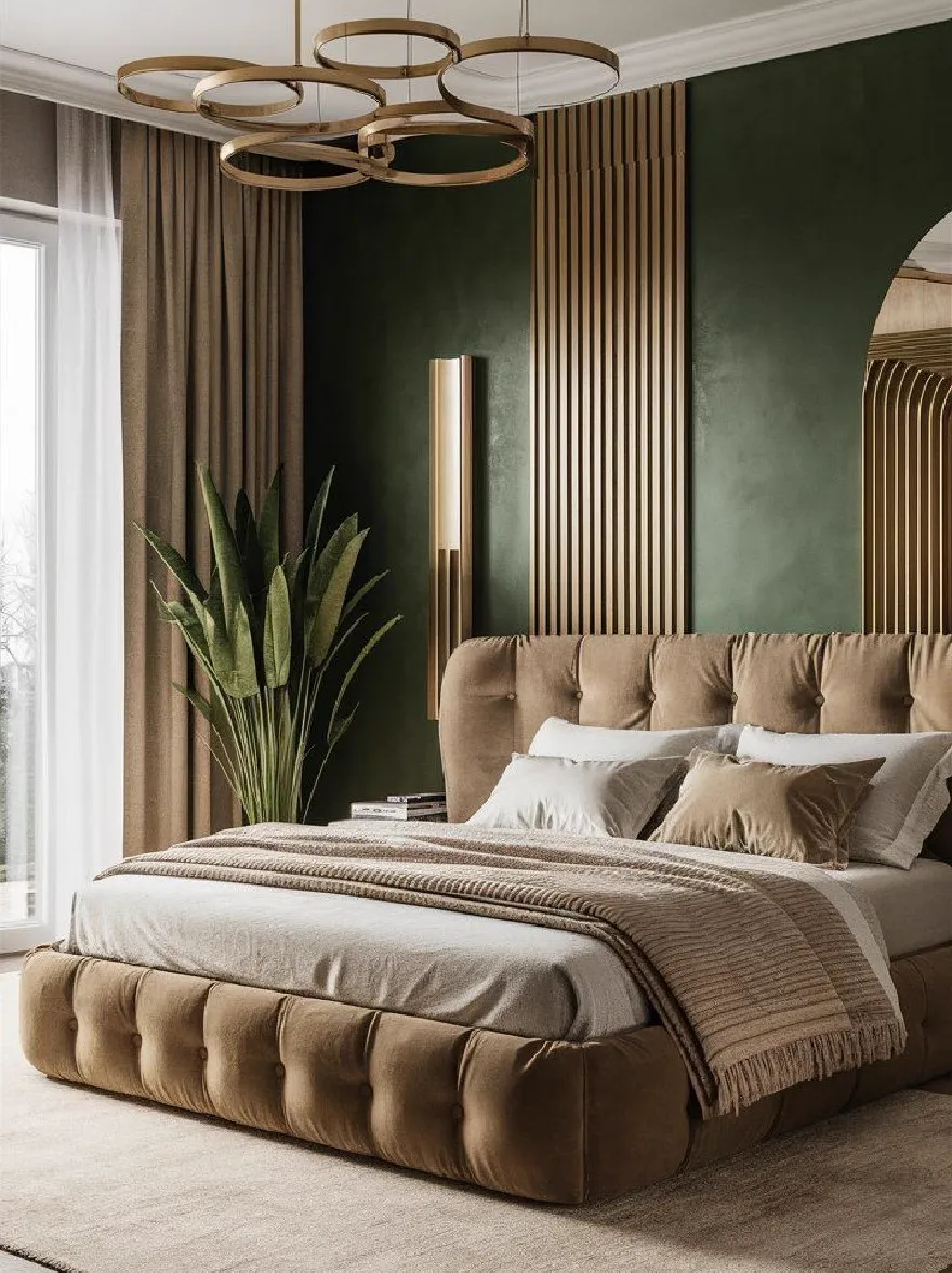 Русский промпт: Современная, роскошная спальня с темно -зелеными стенами и большая, катящаяся кровать с коричневой обивкой изголовья и белым постельным бельем. Кровать размещена в центре комнаты, окруженной бежевым ковром. На левой стороне кровати есть большое окно с чистыми шторами, что позволяет естественному свету войти в комнату. Стены окрашены в темно -зеленый цвет с вертикальными полосами, а золотая люстра висит на потолке. Комната хорошо освещает естественный свет из большого окна, создавая теплую и привлекательную атмосферу. В углу сидит растение для змеи в горшках, добавляя прикосновение зелени в в противном случае монохроматическое пространство. | Original prompt: A modern, luxurious bedroom with dark green walls and a large, tufted bed with a brown upholstered headboard and white linens. The bed is placed in the center of the room, surrounded by a beige rug. On the left side of the bed, there is a large window with sheer curtains, allowing natural light to enter the room. The walls are painted in a dark green color with vertical stripes, and a gold chandelier hangs from the ceiling. The room is well-lit with natural light coming from the large window, creating a warm and inviting atmosphere. A potted snake plant sits in the corner, adding a touch of greenery to the otherwise monochromatic space.