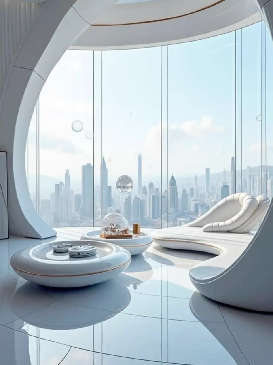 Русский промпт: Футуристическая гостиная с большим изогнутым окном, которое предлагает панорамный вид на городской горизонт. В комнате есть гладкий, современный дизайн с белыми стенами и полами. В центре комнаты есть круглый белый диван с изогнутой спинкой и подлокотниками. Вокруг дивана есть два белых круговых стола с различными объектами. Пол изготовлен из светлых плиток, а стены изготовлены из белых изогнутых панелей. Большое окно за диваном дает четкий вид на городской горизонт, с высокими зданиями и небоскребами. Общая атмосфера яркая и воздушная, с минималистской эстетикой. | Original prompt: A futuristic living room with a large, curved window that offers a panoramic view of a city skyline. The room has a sleek, modern design with white walls and flooring. On the center of the room, there is a round, white sofa with a curved backrest and armrests. Around the sofa, there are two white, circular tables with various objects on them. The floor is made of light-colored tiles, and the walls are made of white, curved panels. The large window behind the sofa allows a clear view of the city skyline, with tall buildings and skyscrapers. The overall atmosphere is bright and airy, with a minimalist aesthetic.