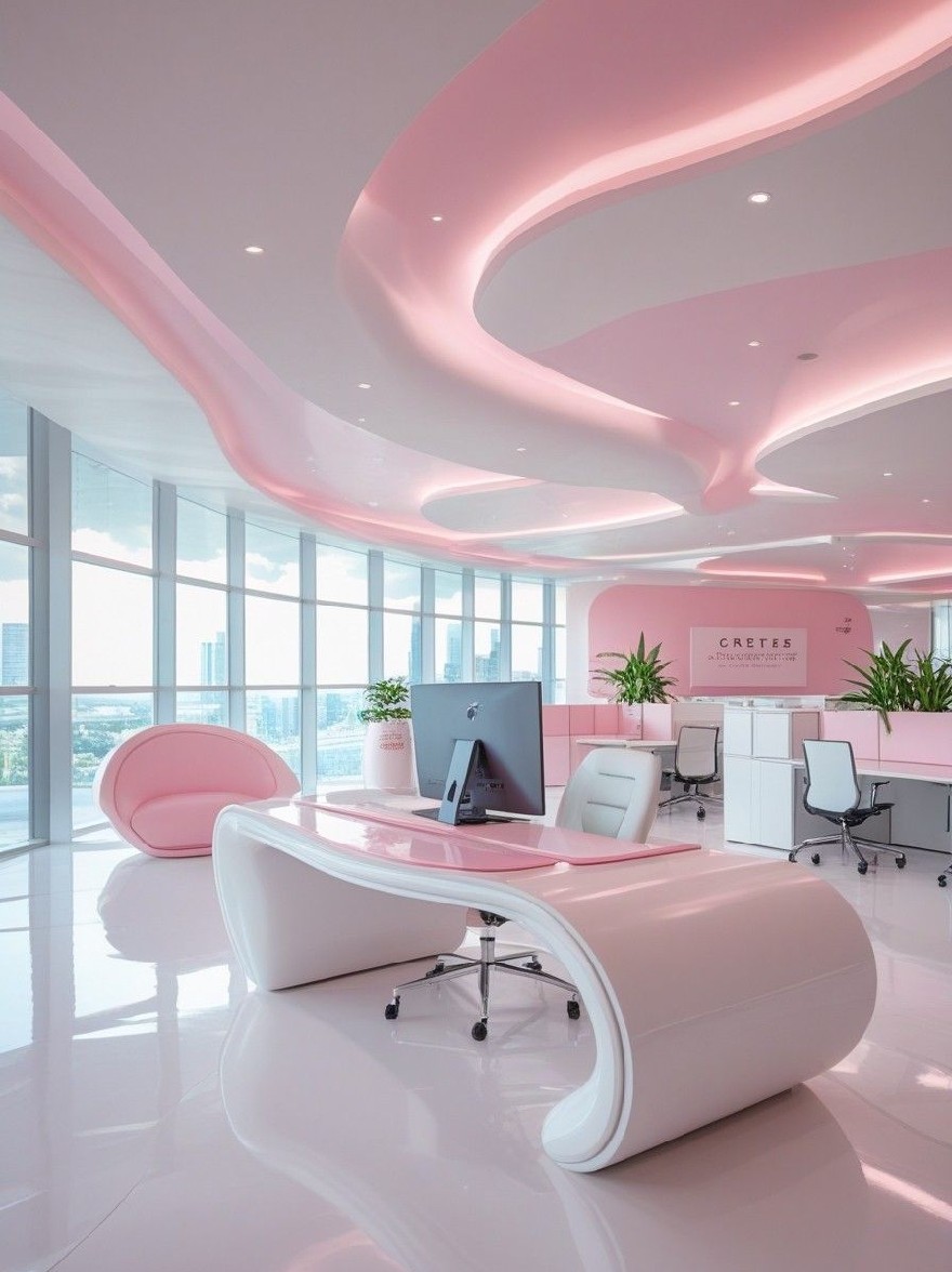 Русский промпт: Современный, минималистский офис с изогнутым изогнутым белым столом и розовыми акцентами. Стол имеет гладкий, современный дизайн с глянцевой отделкой и изогнутым топом, и расположен в центре комнаты. Стены окрашены в нежно -розовый цвет, а потолок украшен утопленным освещением. В комнате есть большие окна, которые впускают много естественного света, позволяя яркой и воздушной атмосфере. На столе есть монитор компьютера и несколько горшечных растений, добавляя в космос прикосновение зелени. Общий дизайн минималистичный и современный, с чистыми линиями и минималистской эстетикой. | Original prompt: A modern, minimalist office with a curved, curved white desk and pink accents. The desk has a sleek, modern design with a glossy finish and a curved top, and is situated in the center of the room. The walls are painted in a soft pink color, and the ceiling is adorned with recessed lighting. The room has large windows that let in plenty of natural light, allowing a bright and airy atmosphere. On the desk, there is a computer monitor and a few potted plants, adding a touch of greenery to the space. The overall design is minimalistic and contemporary, with clean lines and a minimalist aesthetic.