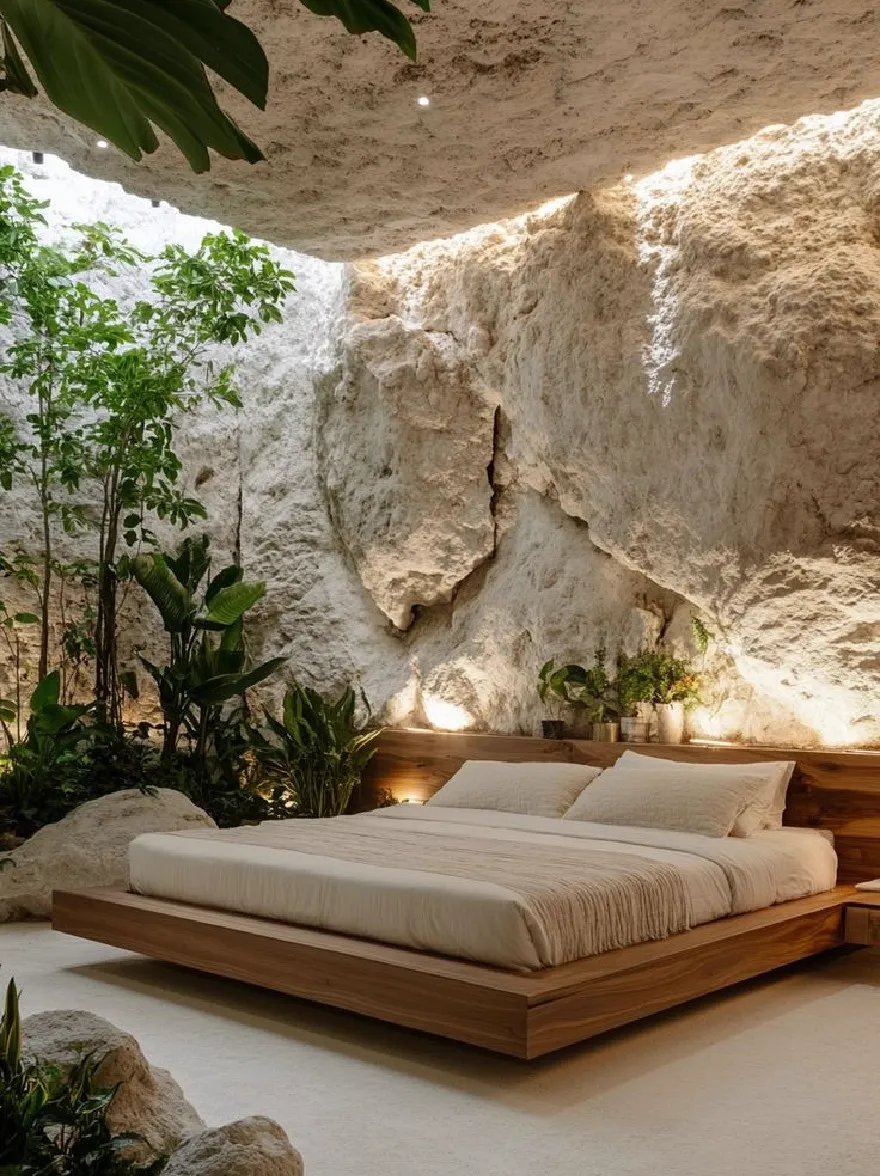 Русский промпт: Современная минималистская спальня с большой натуральной каменной стеной на заднем плане. Кровать изготовлена из светлого дерева и имеет деревянную изголовье и подножку, с белым постельным бельем и подушками, аккуратно расположенными сверху. Комната украшена различными растениями и камнями, создавая естественную и привлекательную атмосферу. Освещение мягкое и естественное, набрав теплое сияние на кровать и окружающую листву. Общая эстетика минималистичная и современная, с акцентом на естественную красоту и текстуру. | Original prompt: A modern, minimalist bedroom with a large, natural stone wall in the background. The bed is made of light-colored wood and has a wooden headboard and footboard, with white linens and pillows neatly arranged on top. The room is decorated with various plants and rocks, creating a natural and inviting atmosphere. The lighting is soft and natural, casting a warm glow on the bed and the surrounding foliage. The overall aesthetic is minimalistic and contemporary, with a focus on natural beauty and texture.