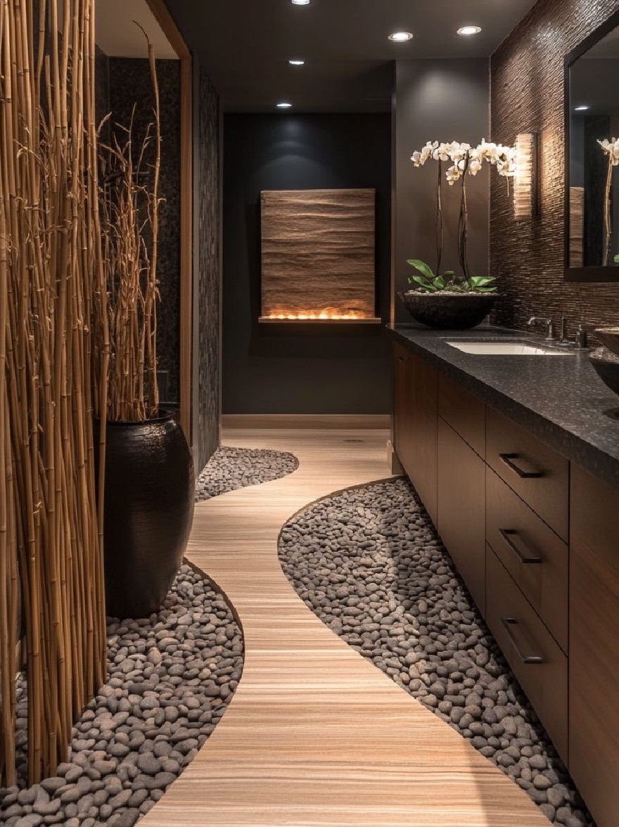 Русский промпт: Современная ванная комната с минималистским дизайном с темным деревом и галькой на полу, две раковины, большое зеркало на стене и декоративное растение в черной миске на столешнице. Стены изготовлены из темного дерева, а потолок утоплен утопленным освещением, создавая теплую и привлекательную атмосферу. Пол изготовлен из деревянных досок, а на левой стороне изображения есть бамбуковая структура. Общая эстетика гладкая и современная, с акцентом на естественную красоту и изощренность. | Original prompt: A modern bathroom with a minimalist design featuring dark wood and pebbles on the floor, two sinks, a large mirror on the wall, and a decorative plant in a black bowl on the countertop. The walls are made of dark wood, and the ceiling is recessed with recessed lighting, creating a warm and inviting atmosphere. The floor is made of wooden planks, and there is a bamboo structure on the left side of the image. The overall aesthetic is sleek and contemporary, with a focus on natural beauty and sophistication.