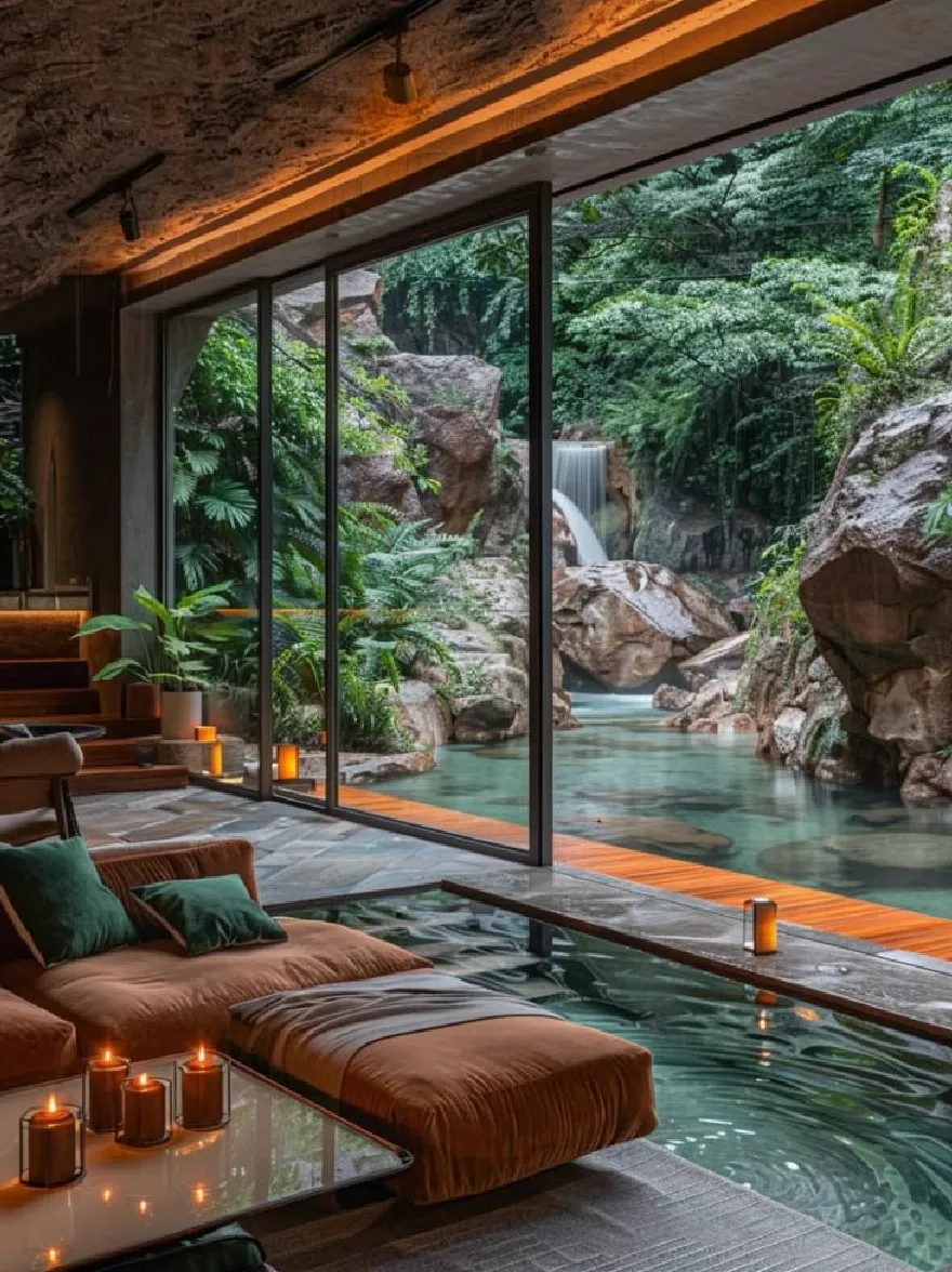 Русский промпт: Средная, тропическая гостиная с рекой, протекающей через пышные зеленые джунгли. В комнате есть деревенская, естественная обстановка с большими раздвижными стеклянными дверями, которые предлагают потрясающий вид на водопад, каскадный по скалистую скалу. Стены сделаны из камня, а пол покрыт серым ковром. На левой стороне комнаты есть коричневый диван с зелеными подушками и стеклянный кофейный столик с несколькими свечами, создаваемыми на нем, создавая теплую и привлекательную атмосферу. Освещение мягкое и теплое, подчеркивая естественную красоту сцены. Общее настроение мирное и безмятежное. | Original prompt: A tranquil, tropical living room with a river running through a lush, green jungle. The room has a rustic, natural setting with large sliding glass doors that offer a stunning view of a waterfall cascading down a rocky cliff. The walls are made of stone, and the floor is covered with a gray carpet. On the left side of the room, there is a brown sofa with green cushions and a glass coffee table with several candles placed on it, creating a warm and inviting atmosphere. The lighting is soft and warm, highlighting the natural beauty of the scene. The overall mood is peaceful and serene.
