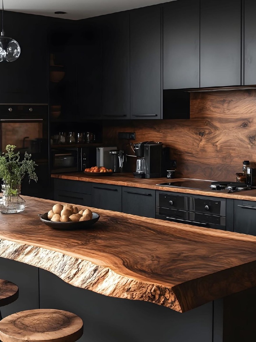 Русский промпт: Современная кухня с черными шкафами и ореховая столешница. Столетняя столешница имеет натуральный рисунок зерна древесины, и на ней есть миска с фруктами. Кухня оснащена приборами из нержавеющей стали, включая газовую плиту, духовку и кофеварку. С любой стороны столешницы есть два деревянных табурета, а подвесной светильник висит на потолке. Общая эстетика гладкая и минималистичная, с акцентом на текстуры натурального дерева. | Original prompt: A modern kitchen with black cabinets and a walnut countertop. The countertop has a natural wood grain pattern, and there is a bowl of fruit on it. The kitchen is equipped with stainless steel appliances, including a gas stove, oven, and coffee maker. There are two wooden stools on either side of the countertop, and a pendant light hangs from the ceiling. The overall aesthetic is sleek and minimalistic, with a focus on natural wood textures.